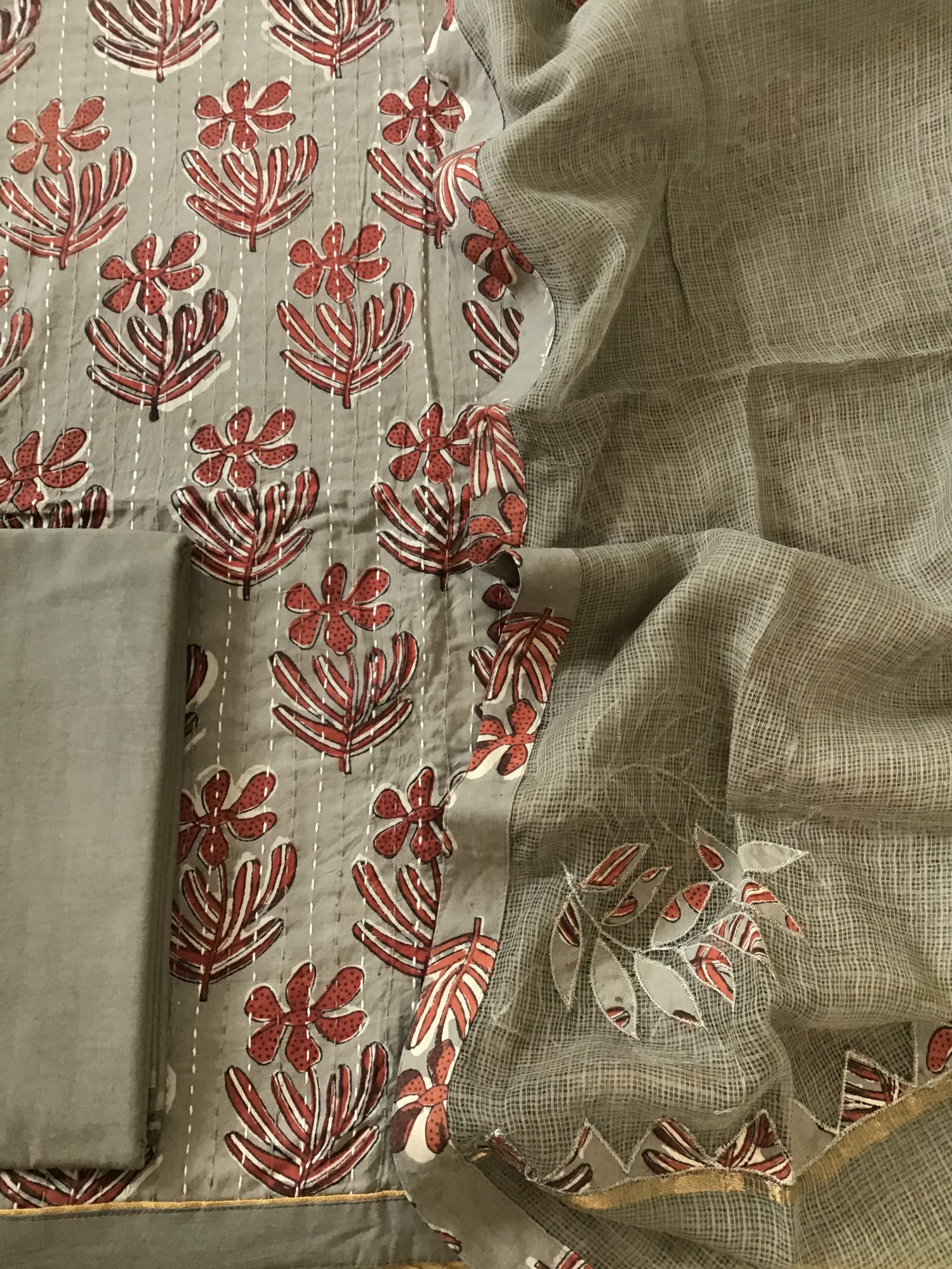Pure Fine Cotton Printed Embroidered Suit - Brown