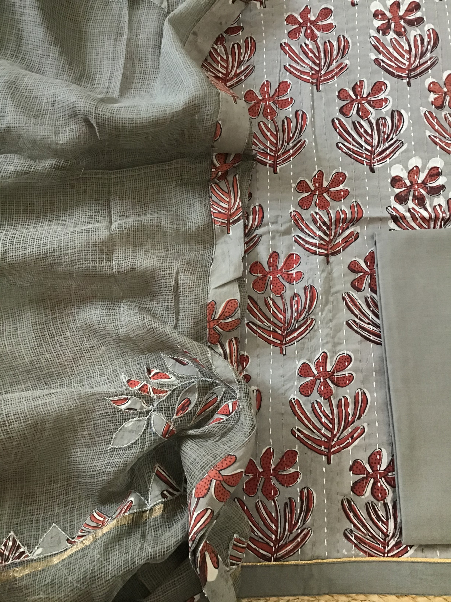 Pure Fine Cotton Printed Embroidered Suit - Brown