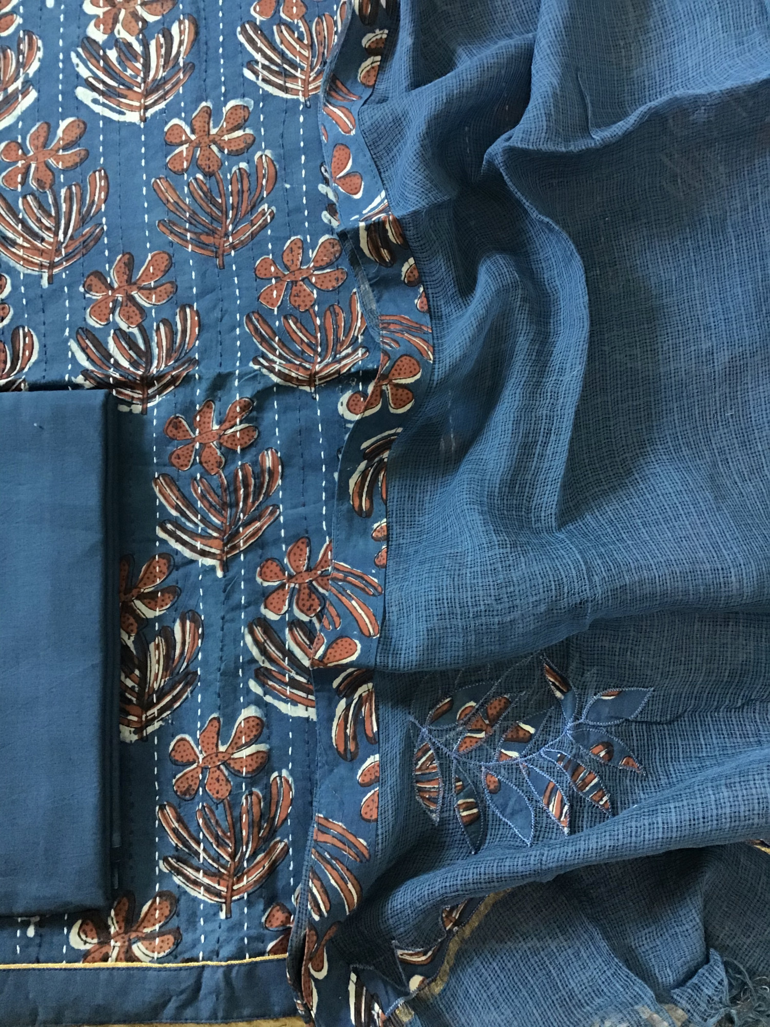 Pure Fine Cotton Printed Embroidered Suit - Blue