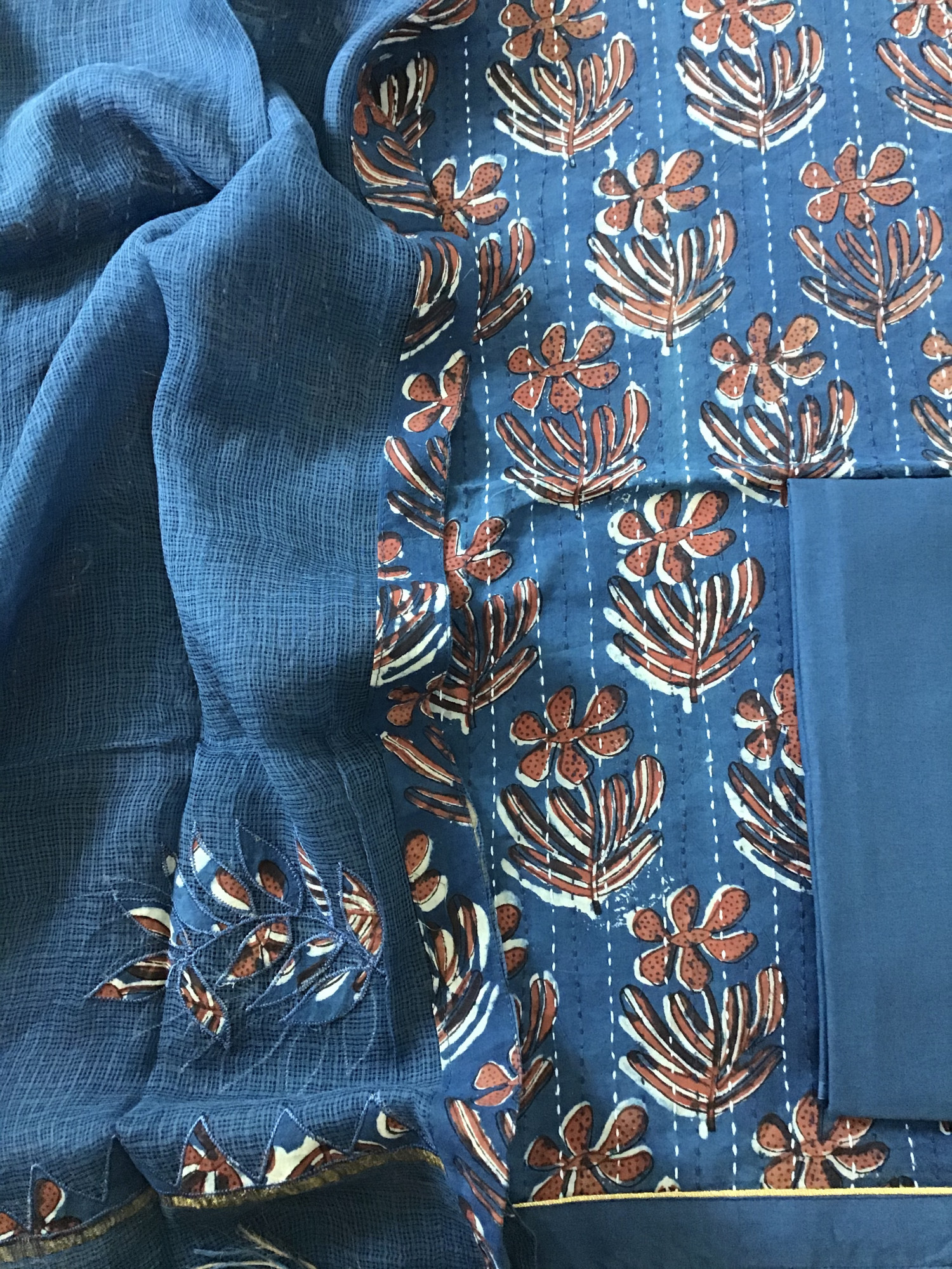 Pure Fine Cotton Printed Embroidered Suit - Blue