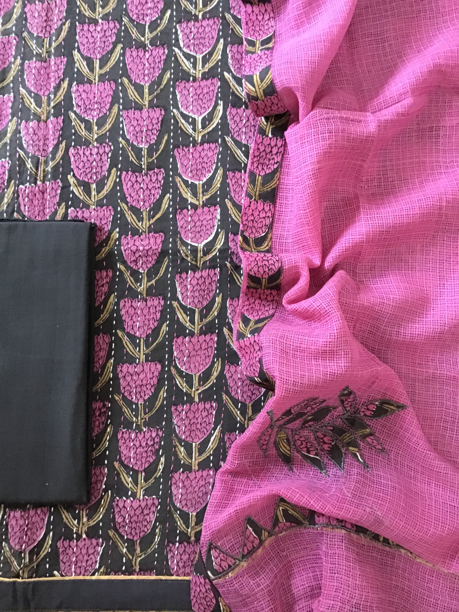 Pure Fine Cotton Printed Embroidered Suit - Black