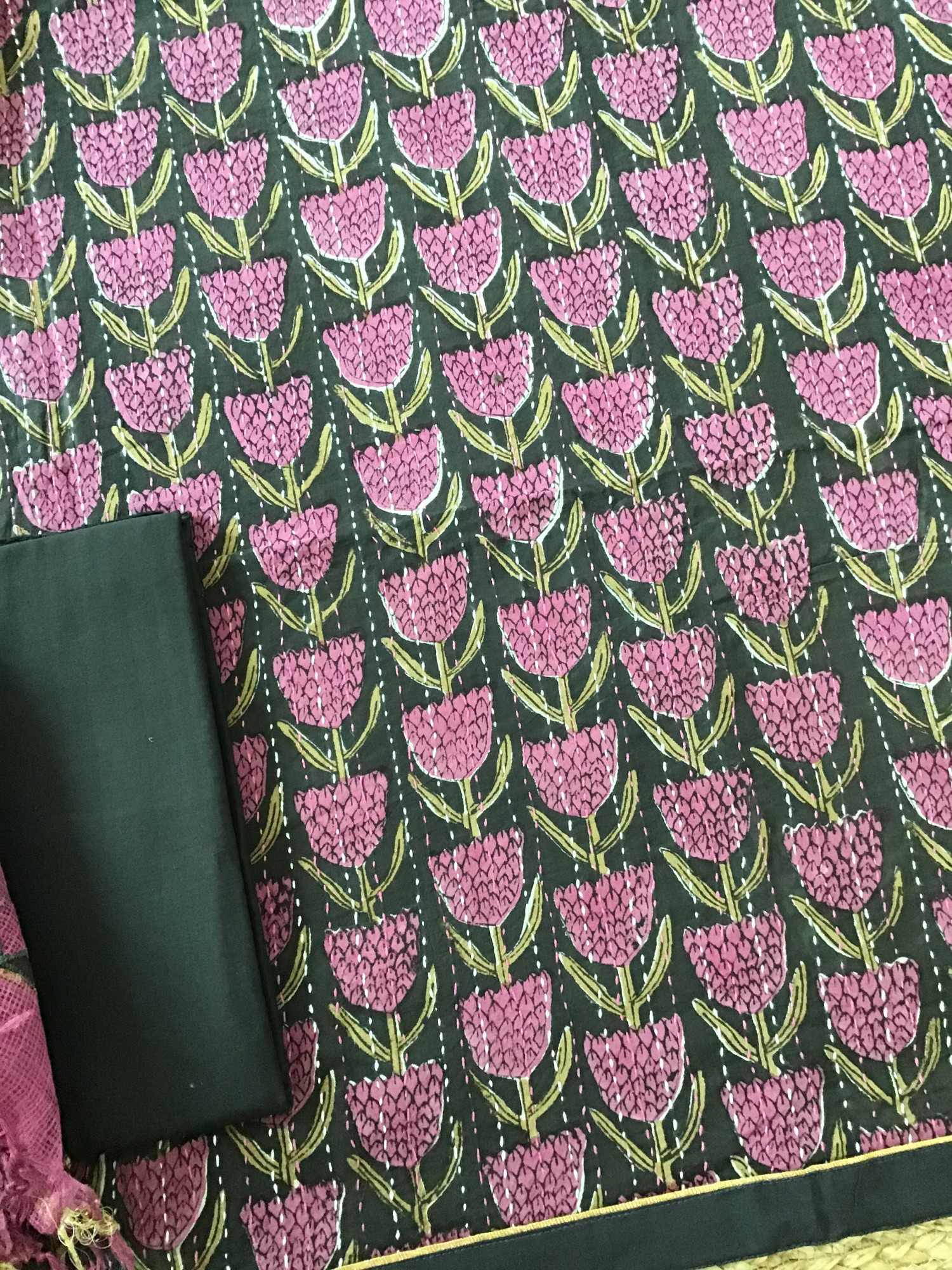 Pure Fine Cotton Printed Embroidered Suit - Black