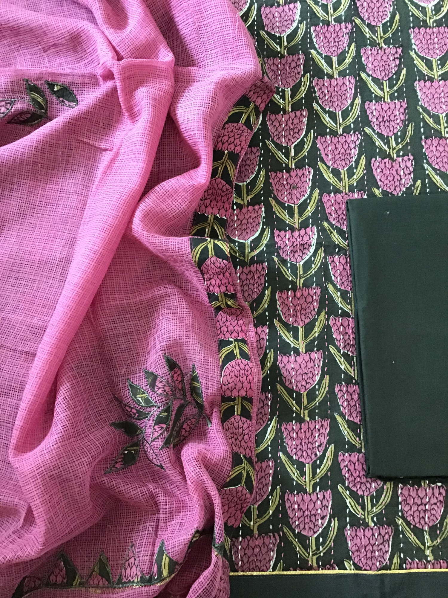 Pure Fine Cotton Printed Embroidered Suit - Black