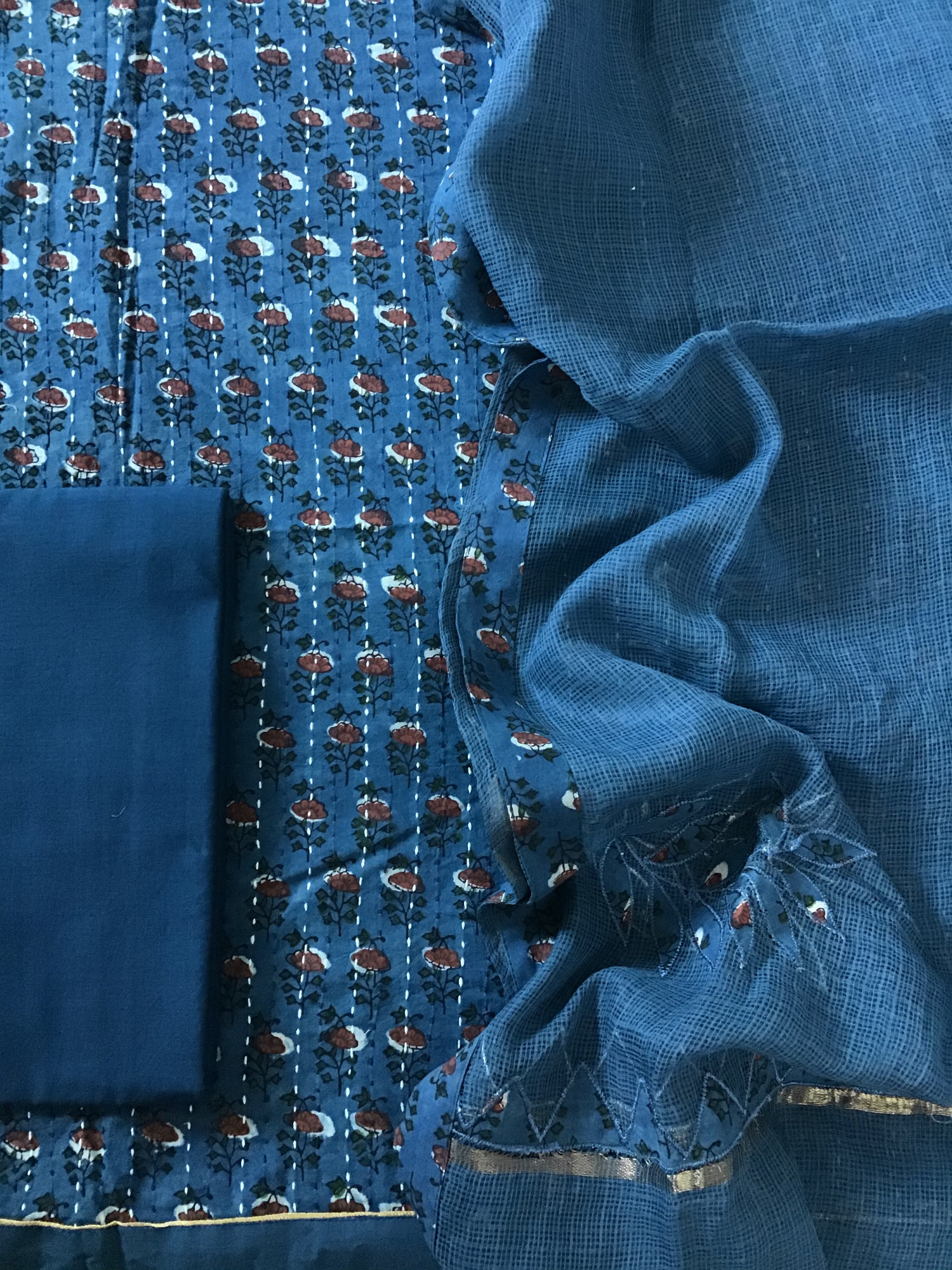 Pure Fine Cotton Printed Embroidered Suit - Blue