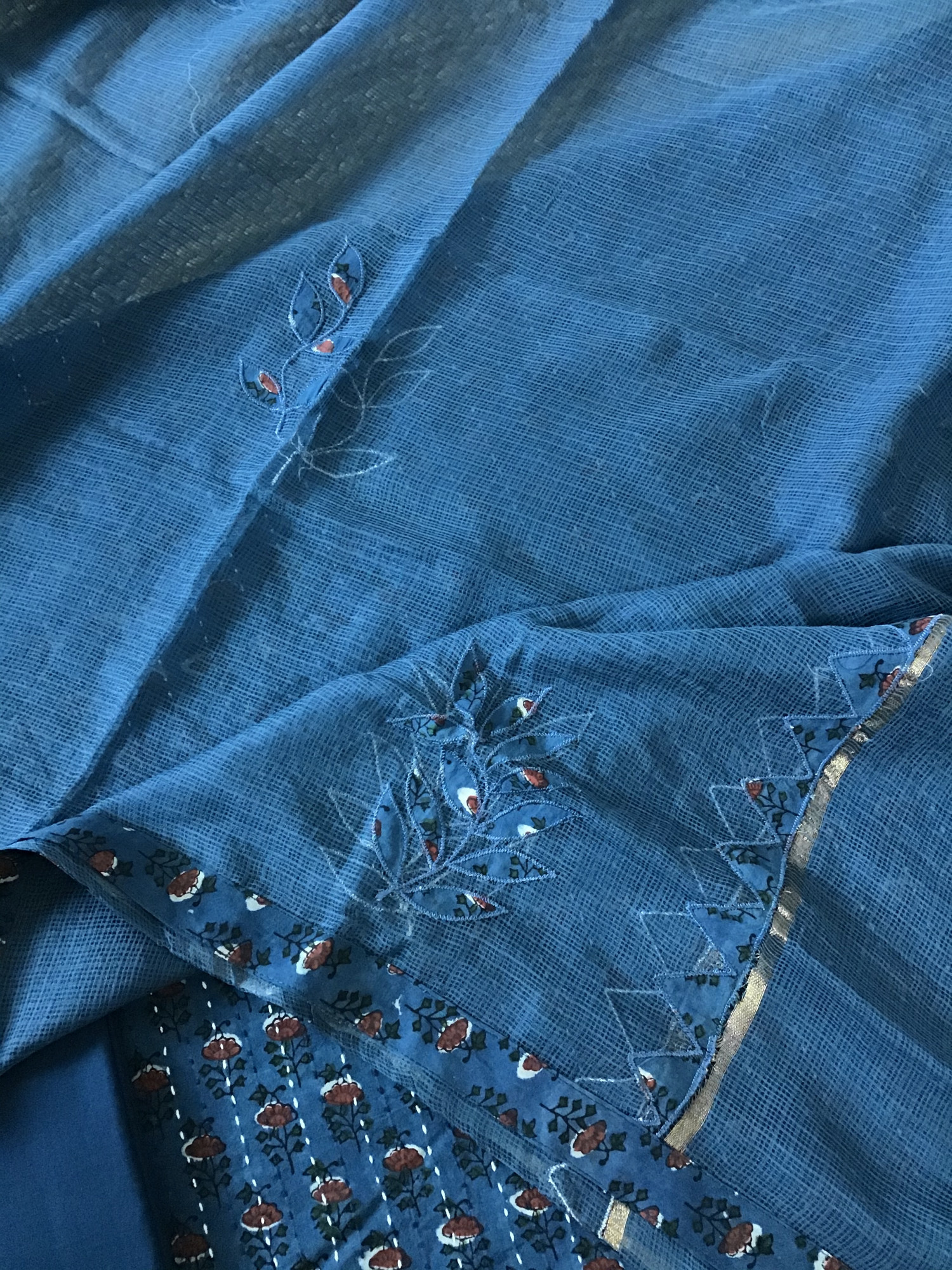 Pure Fine Cotton Printed Embroidered Suit - Blue