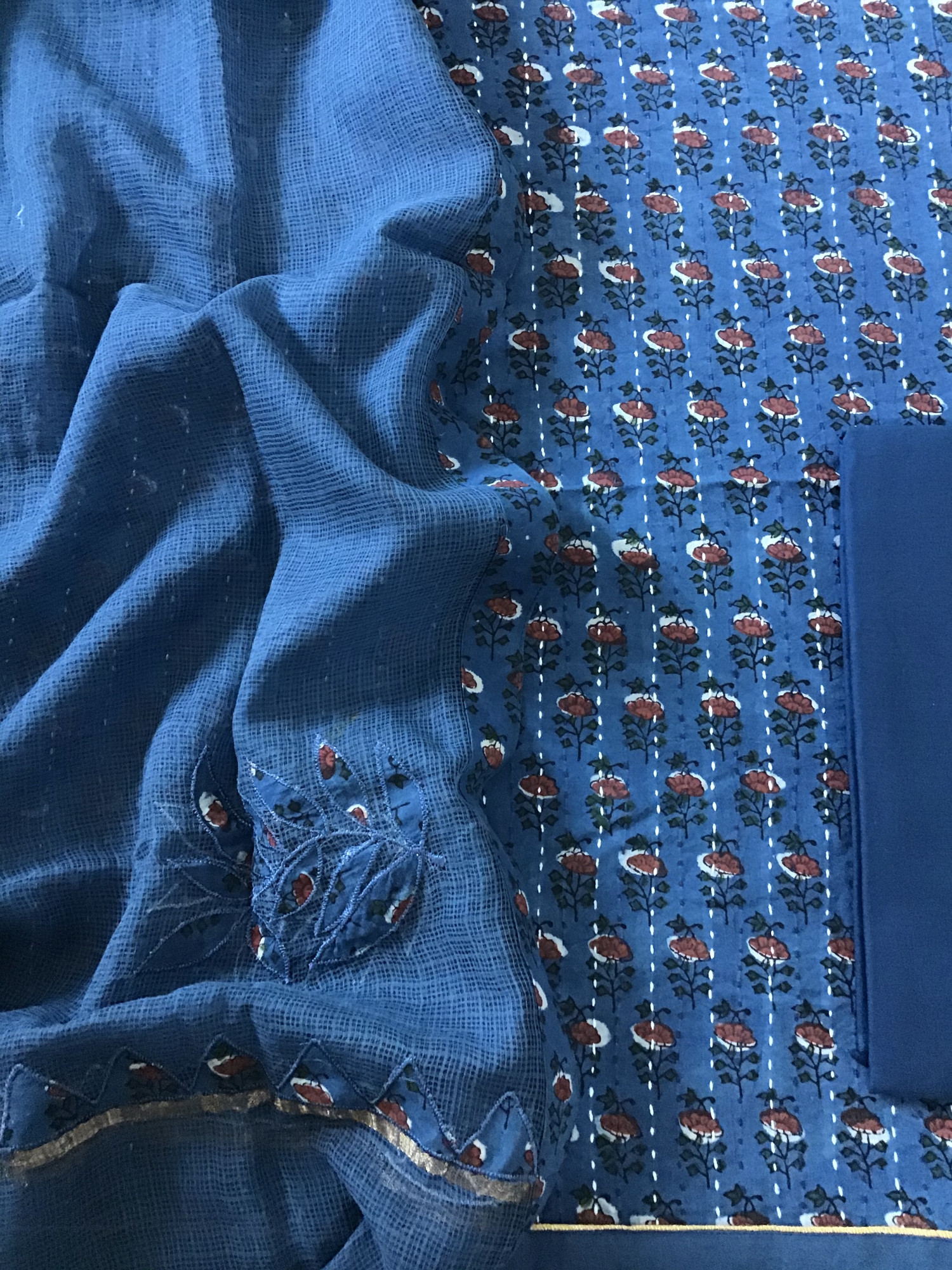 Pure Fine Cotton Printed Embroidered Suit - Blue