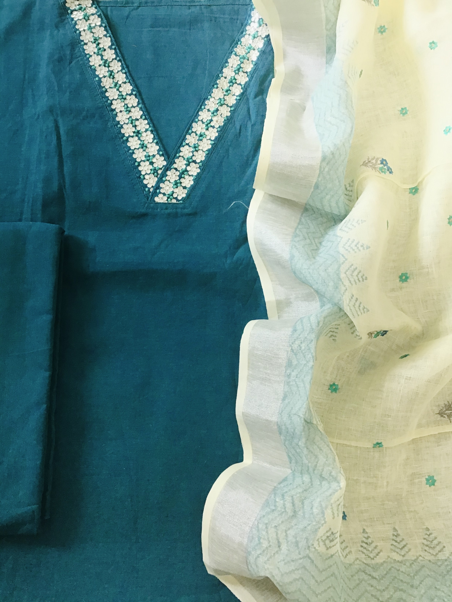 Pure Handloom Cotton Embroidered Suit - Blue