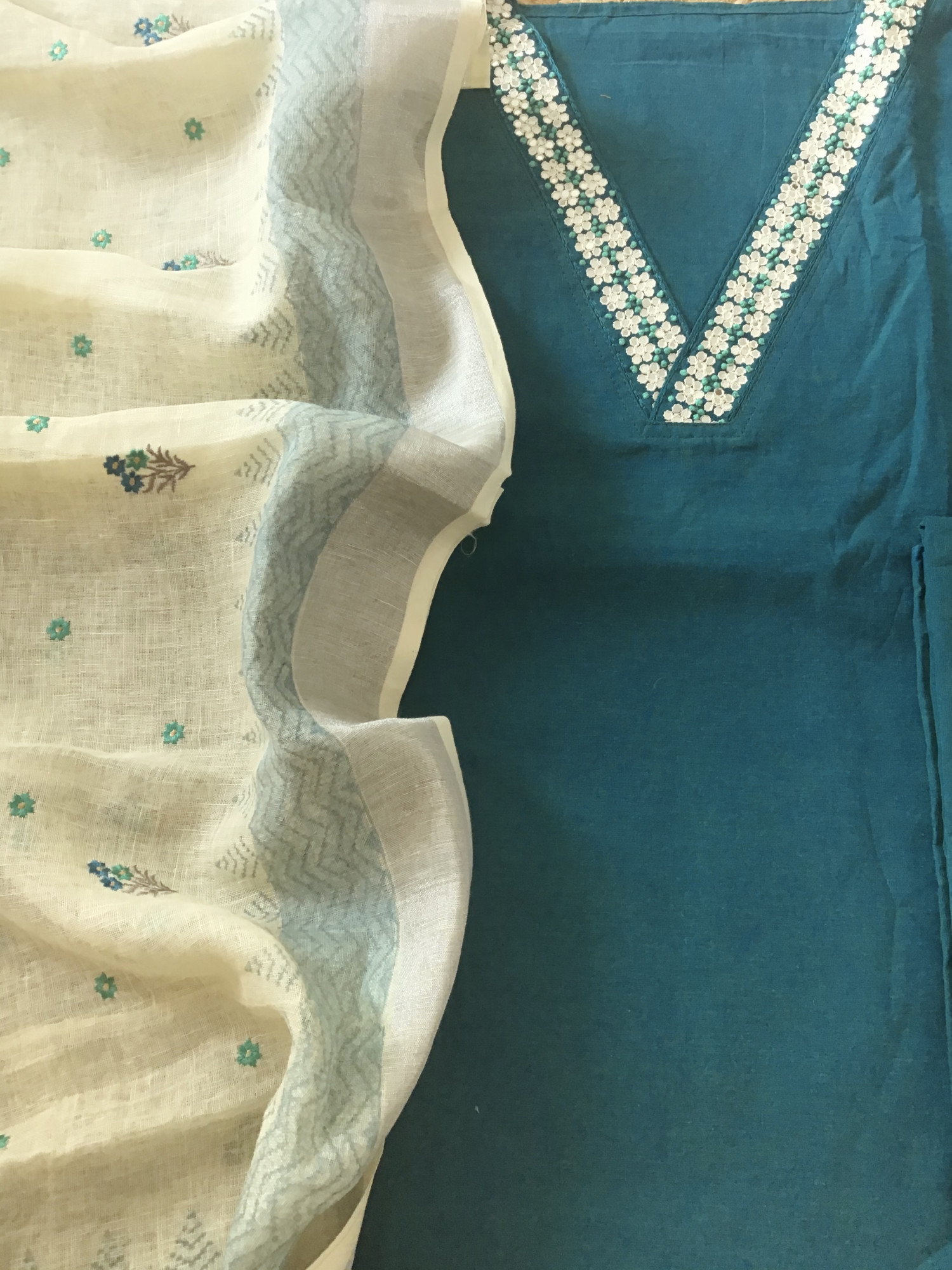 Pure Handloom Cotton Embroidered Suit - Blue