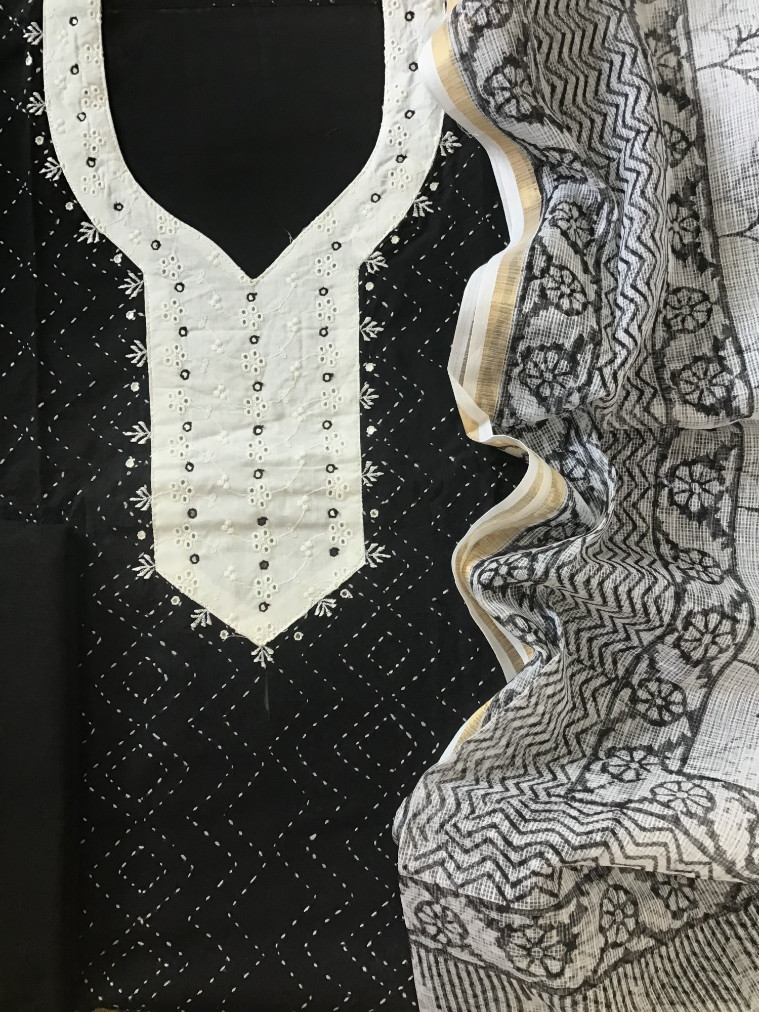 Pure Cotton Embroidered Suit - Black