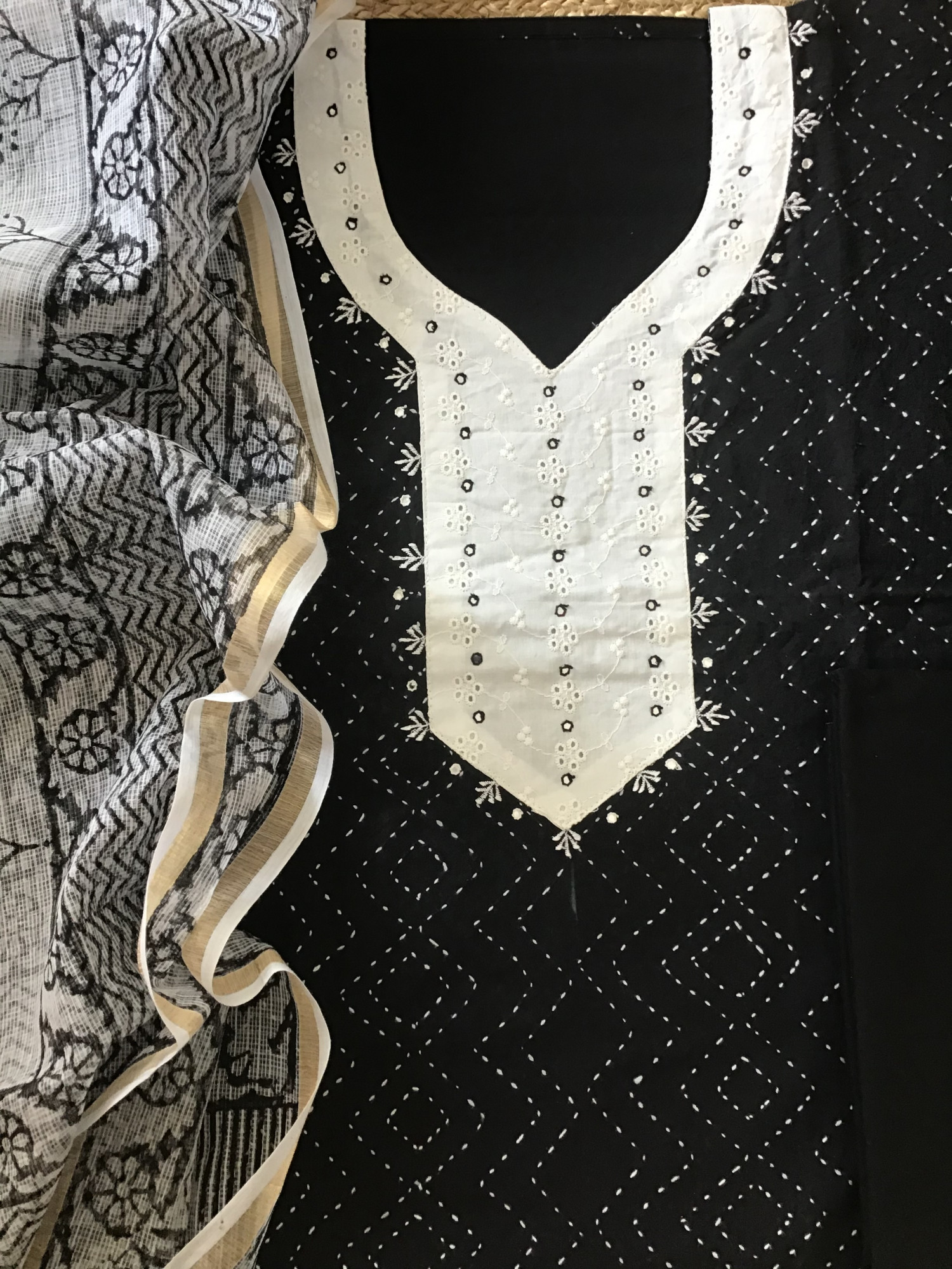 Pure Cotton Embroidered Suit - Black