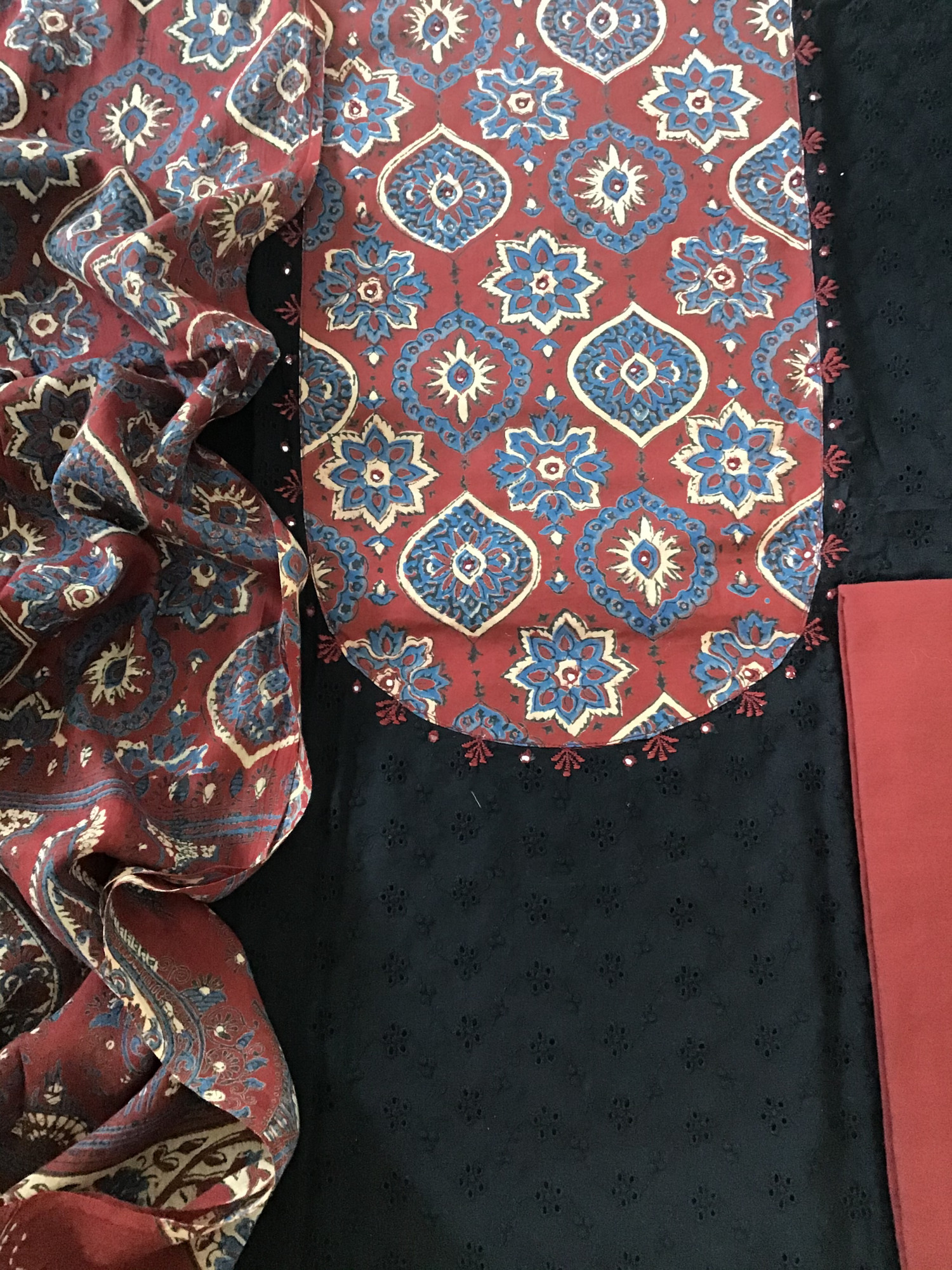 Pure Cotton Embroidered Suit - Black