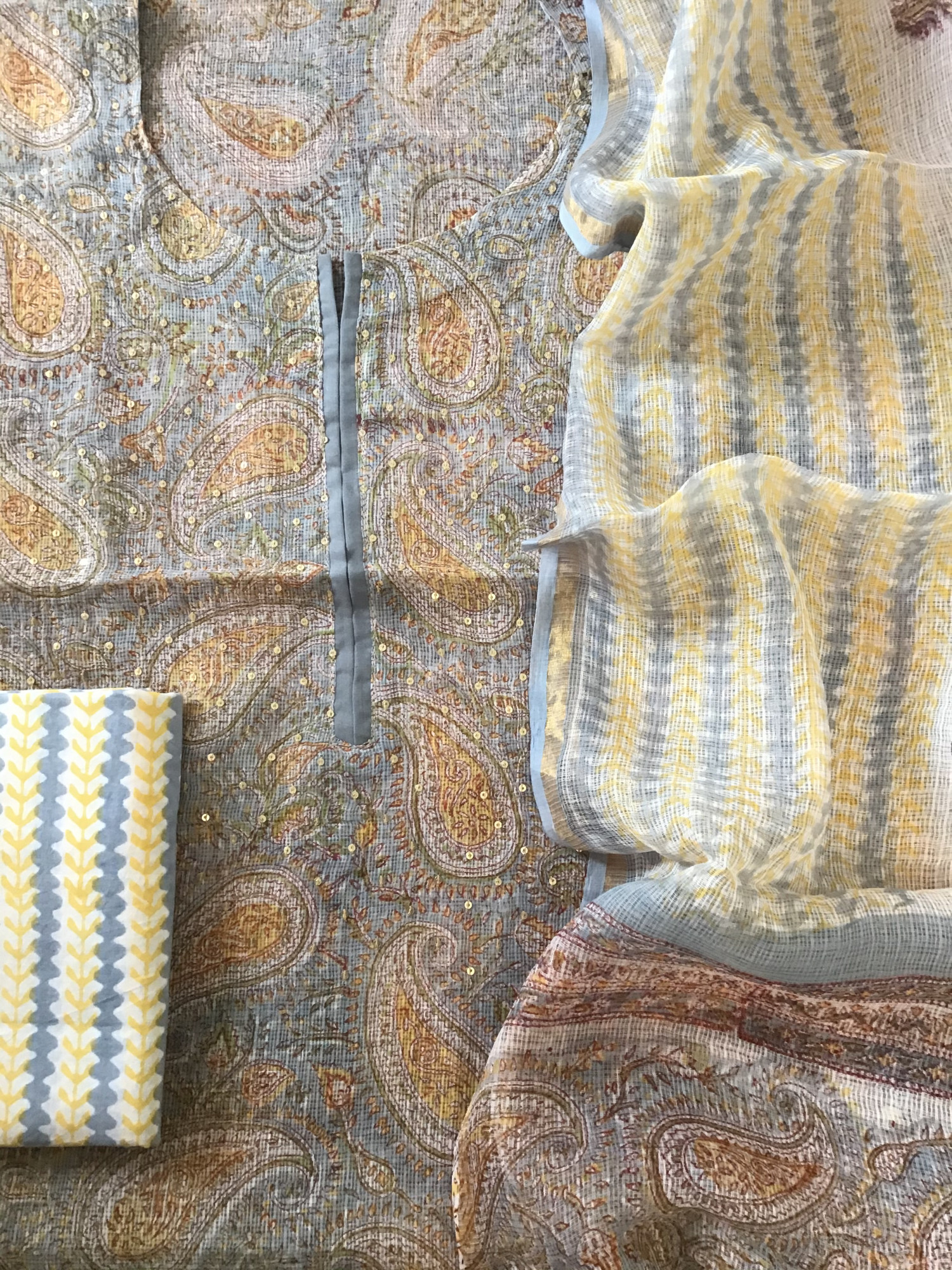 Pure Kota Cotton Printed Embroidered Suit - Grey