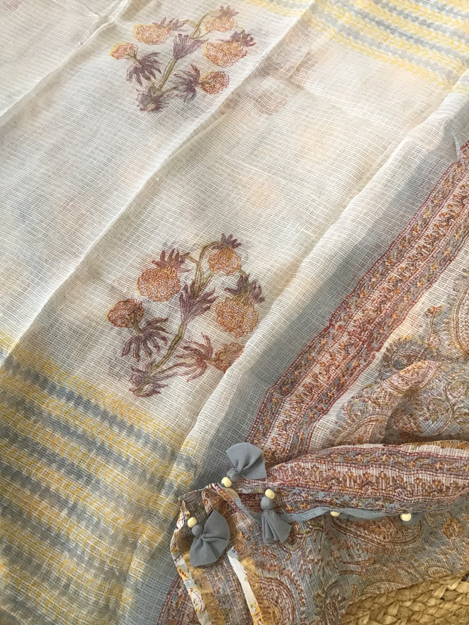 Pure Kota Cotton Printed Embroidered Suit - Grey