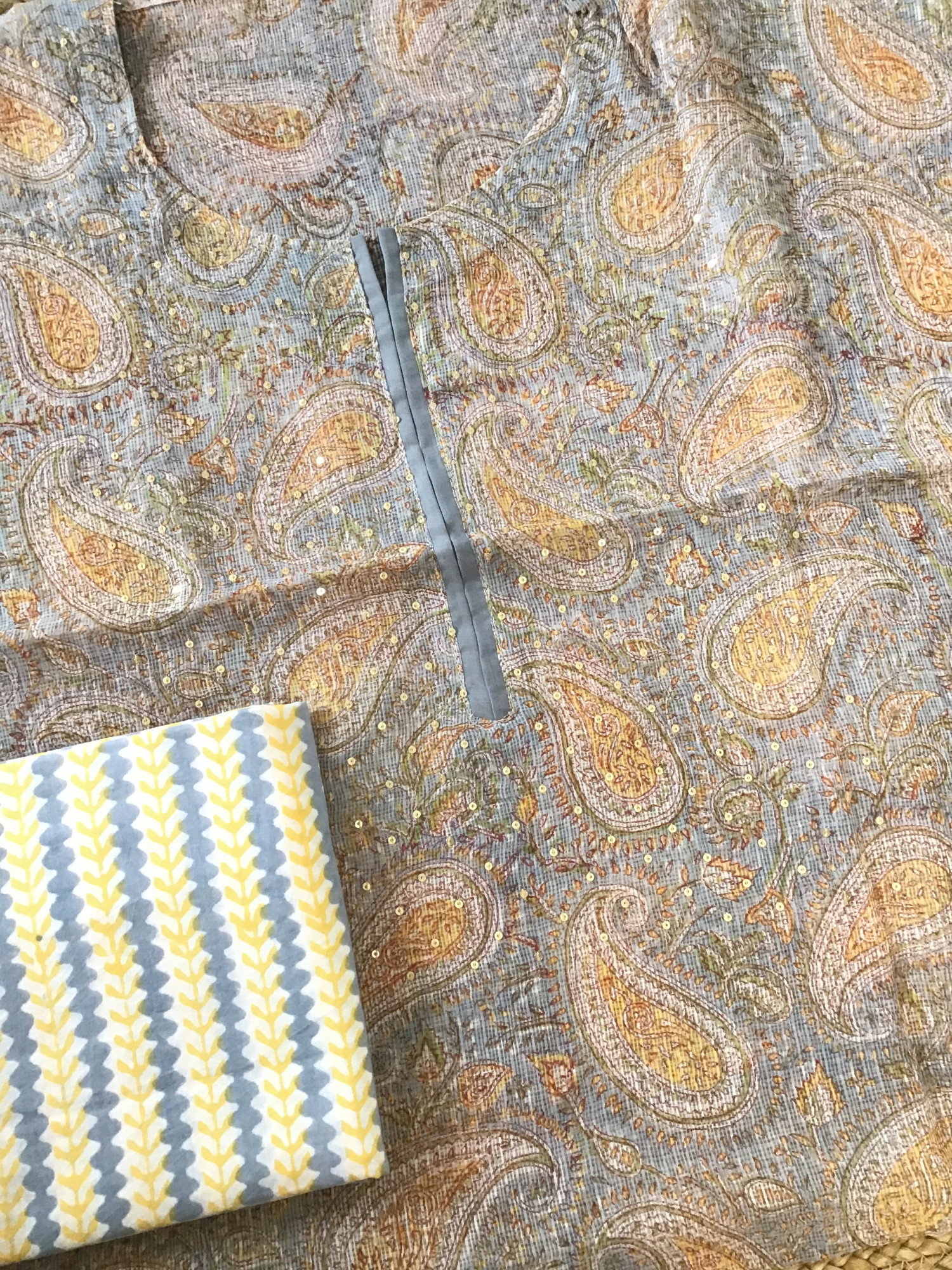 Pure Kota Cotton Printed Embroidered Suit - Grey