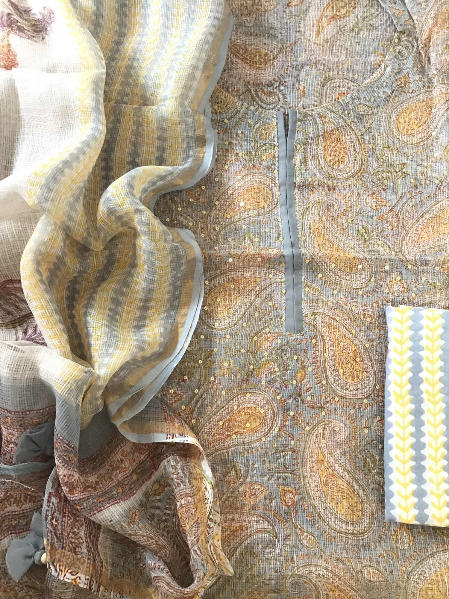 Pure Kota Cotton Printed Embroidered Suit - Grey