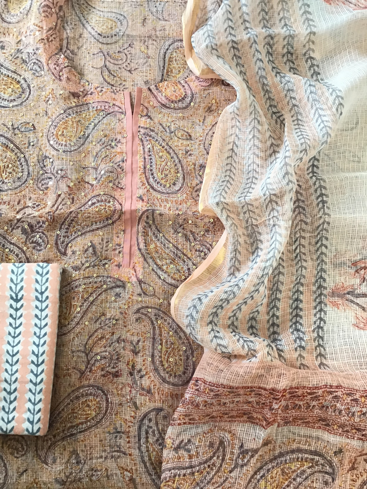 Pure Kota Cotton Printed Embroidered Suit - Peach