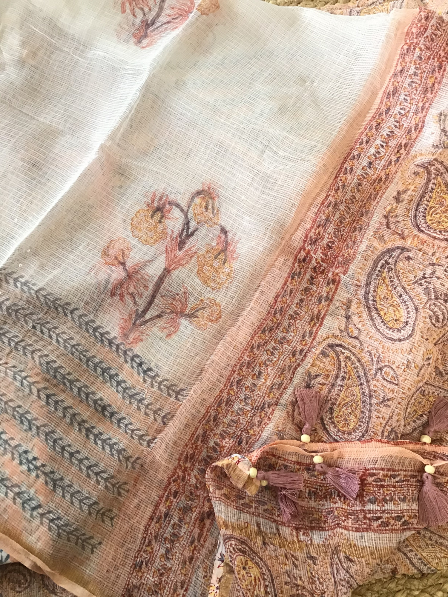 Pure Kota Cotton Printed Embroidered Suit - Peach