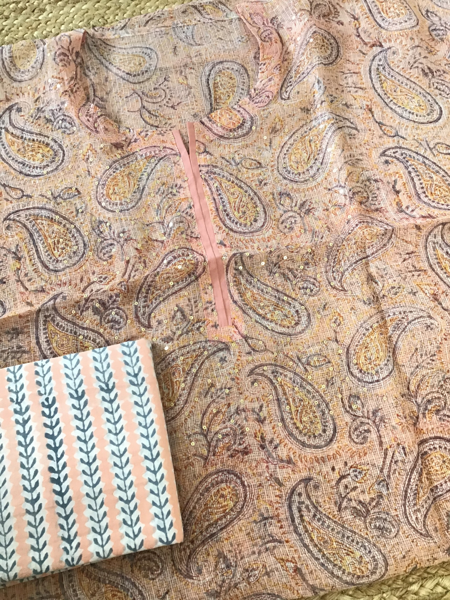 Pure Kota Cotton Printed Embroidered Suit - Peach