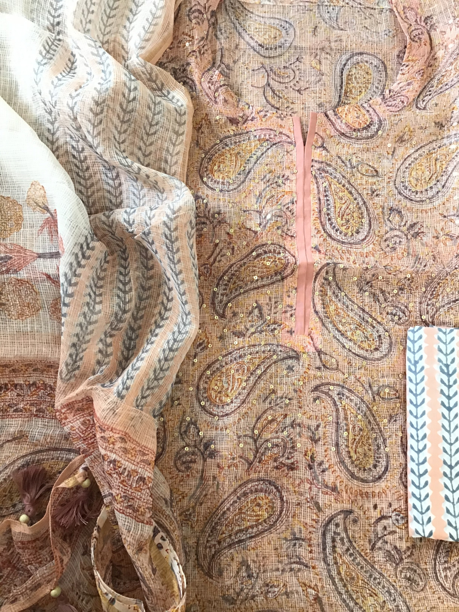 Pure Kota Cotton Printed Embroidered Suit - Peach