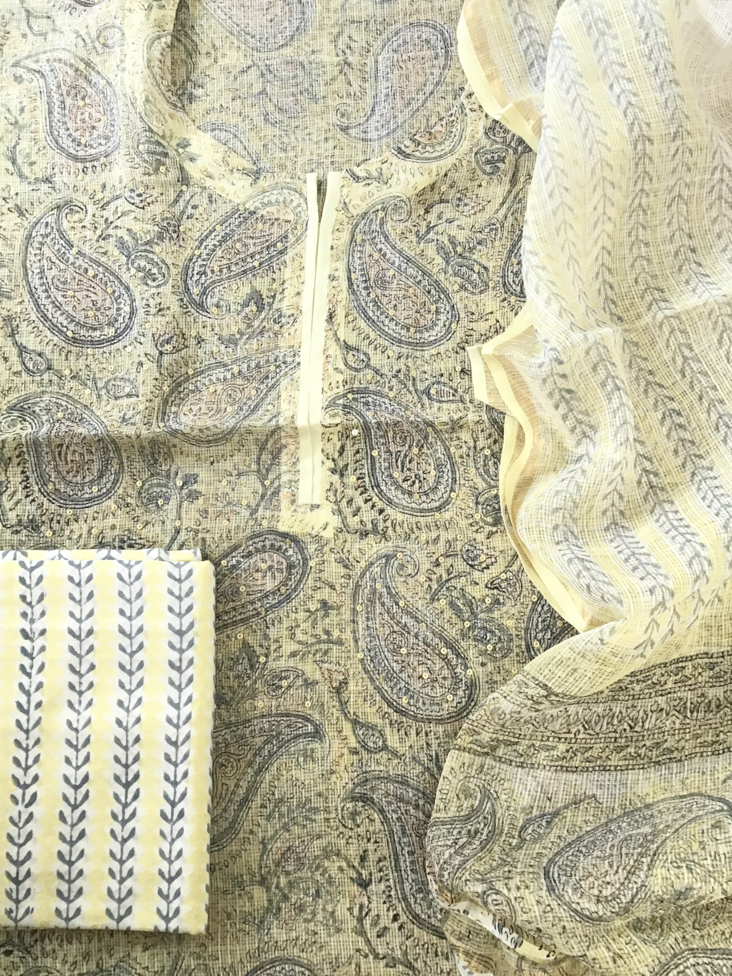 Pure Kota Cotton Printed Embroidered Suit - Yellow