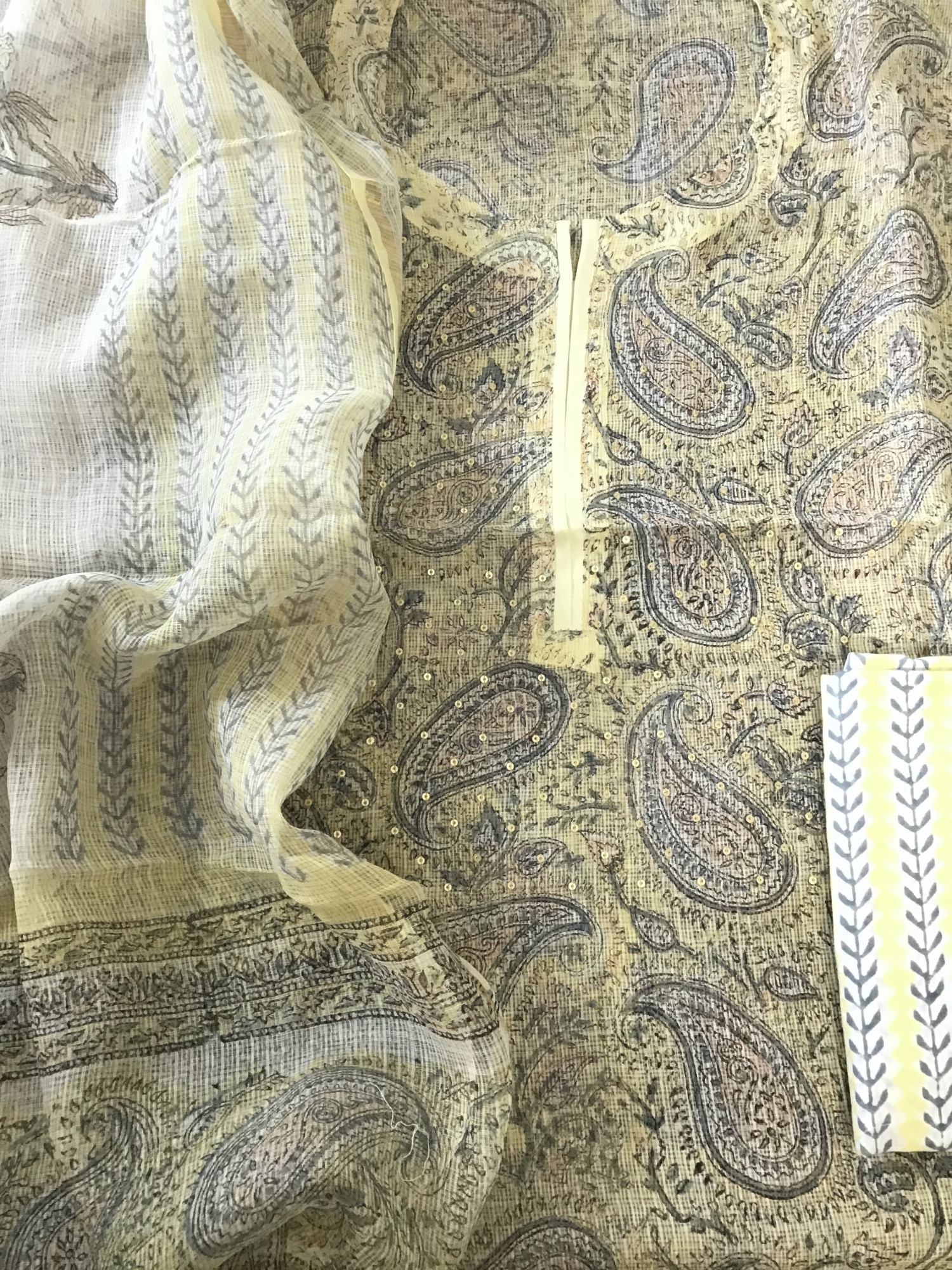 Pure Kota Cotton Printed Embroidered Suit - Yellow