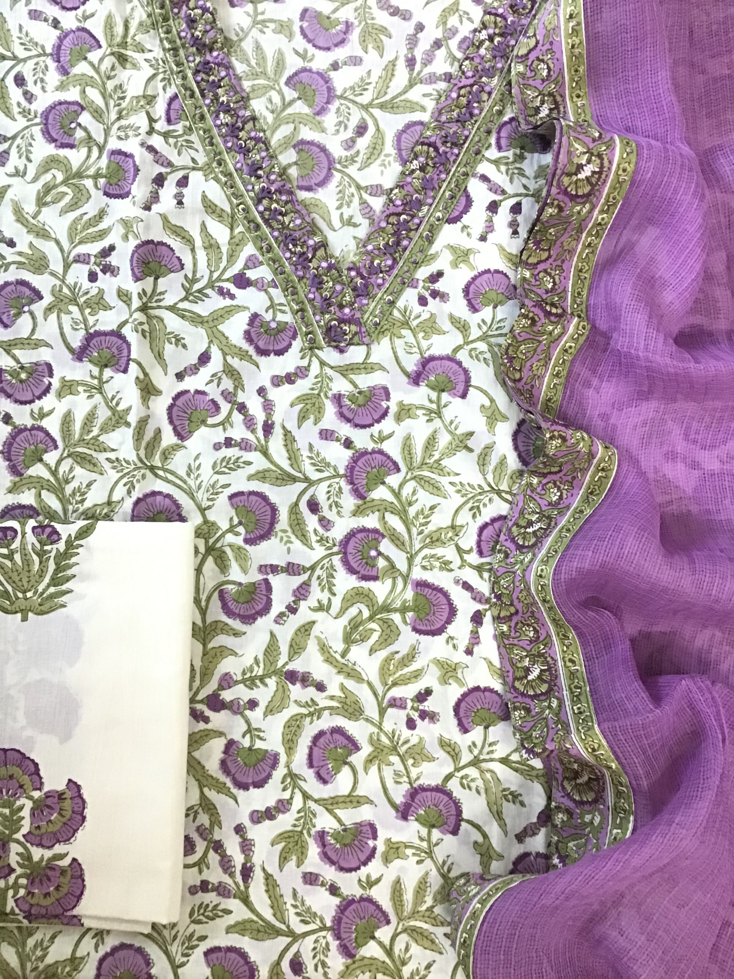 Pure Cotton Printed Embroidered Suit - White