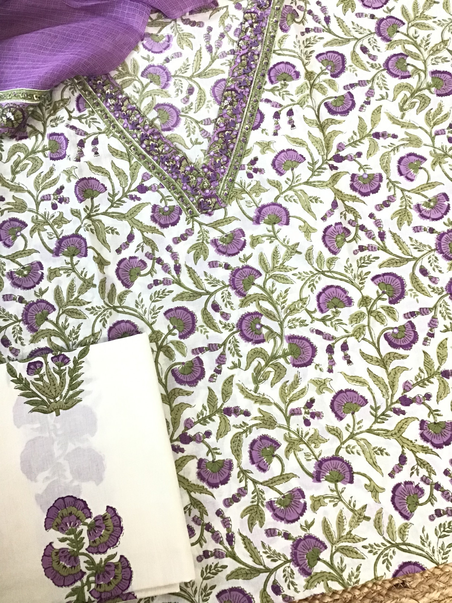 Pure Cotton Printed Embroidered Suit - White