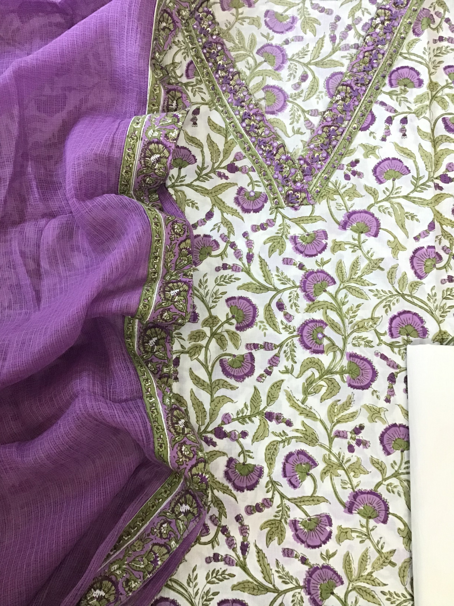 Pure Cotton Printed Embroidered Suit - White