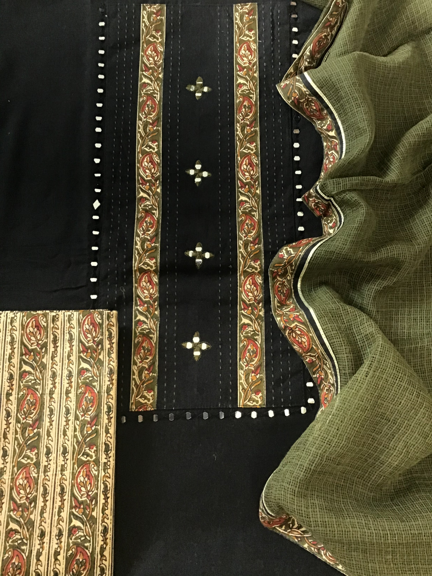 Pure Fine Handloom Cotton Embroidered Suit - Black