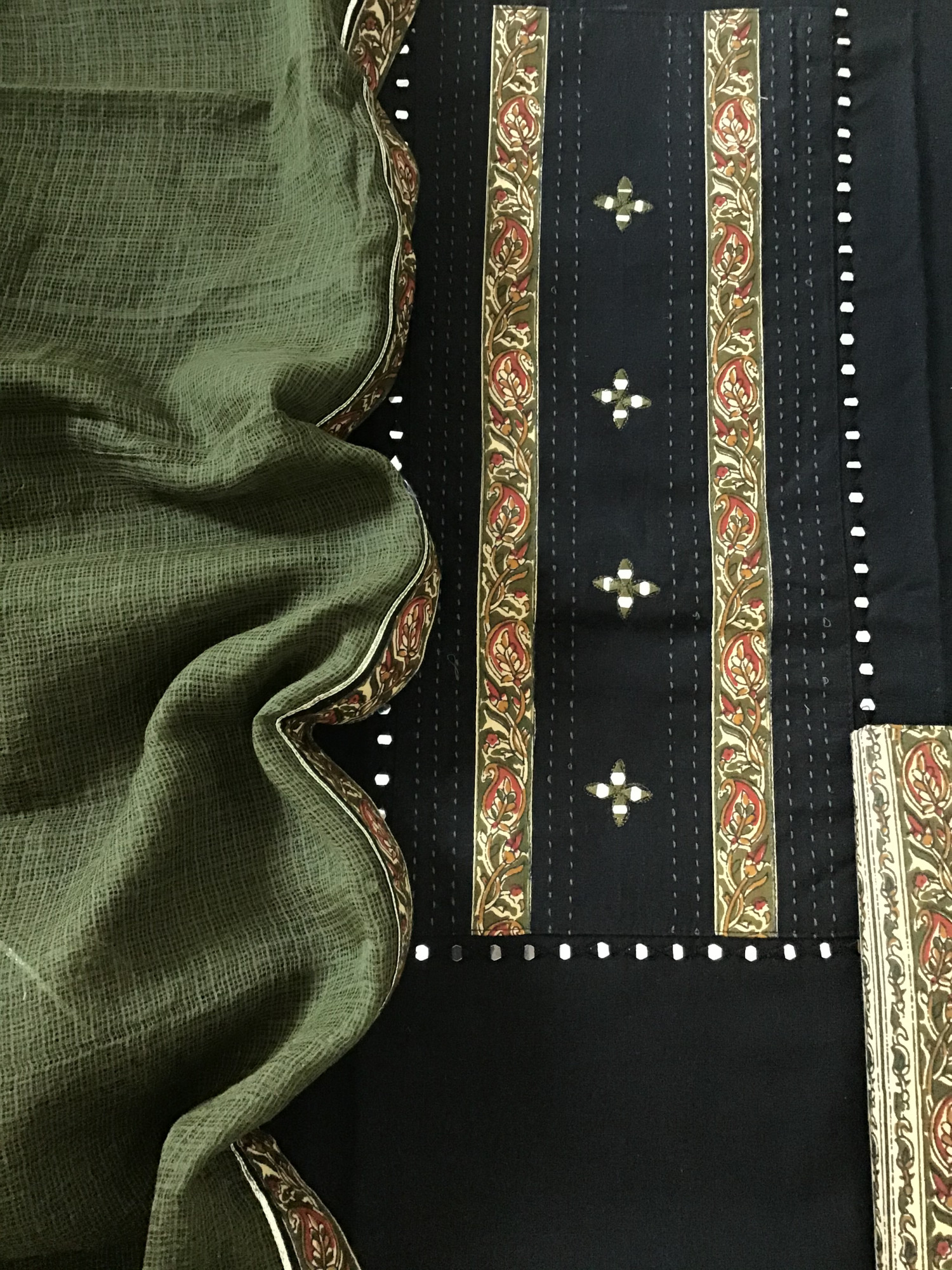 Pure Fine Handloom Cotton Embroidered Suit - Black