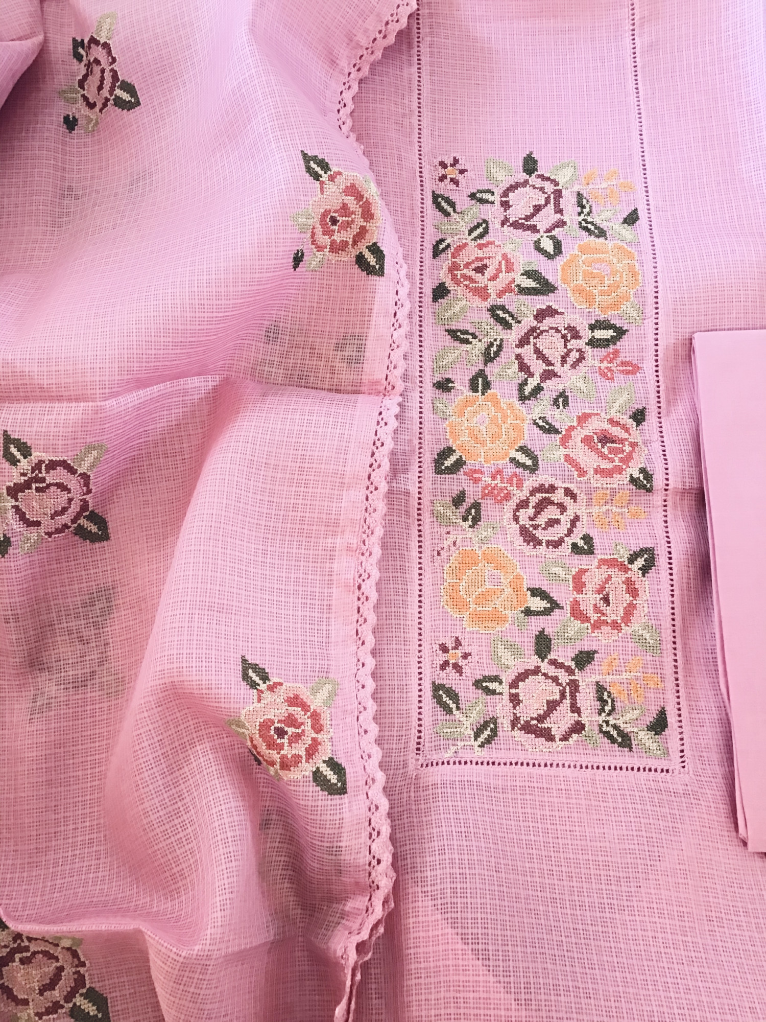 Soft Kota Silk Embroidered Suit - Pink