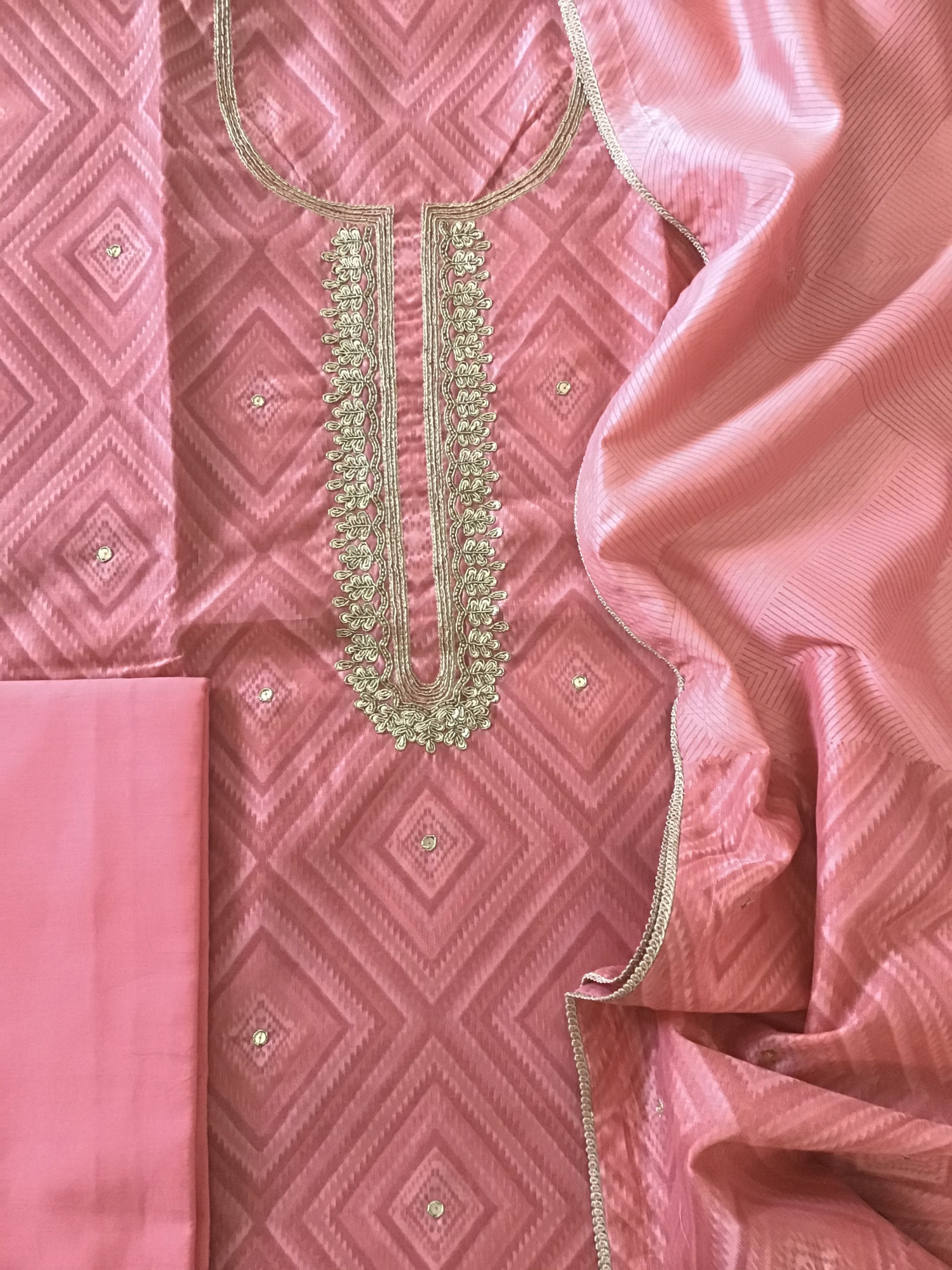 Soft Chanderi Printed Hand Embroidered Suit - Pink