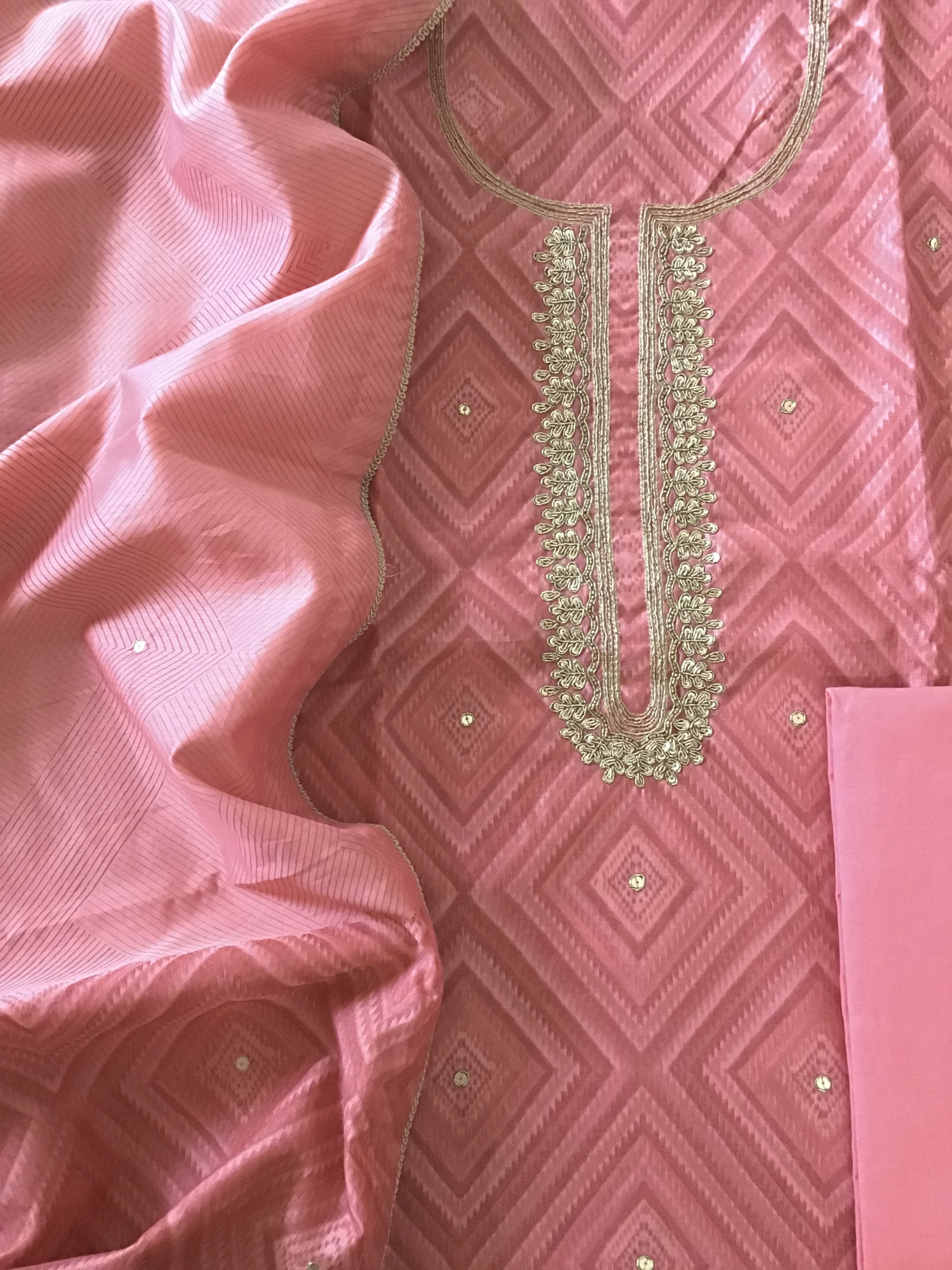 Soft Chanderi Printed Hand Embroidered Suit - Pink