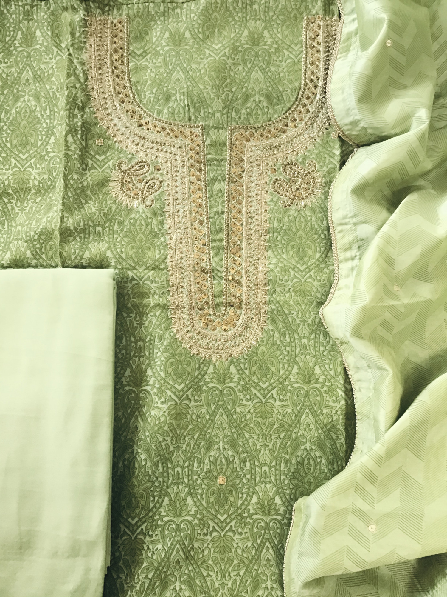 Soft Chanderi Printed Hand Embroidered Suit - Green