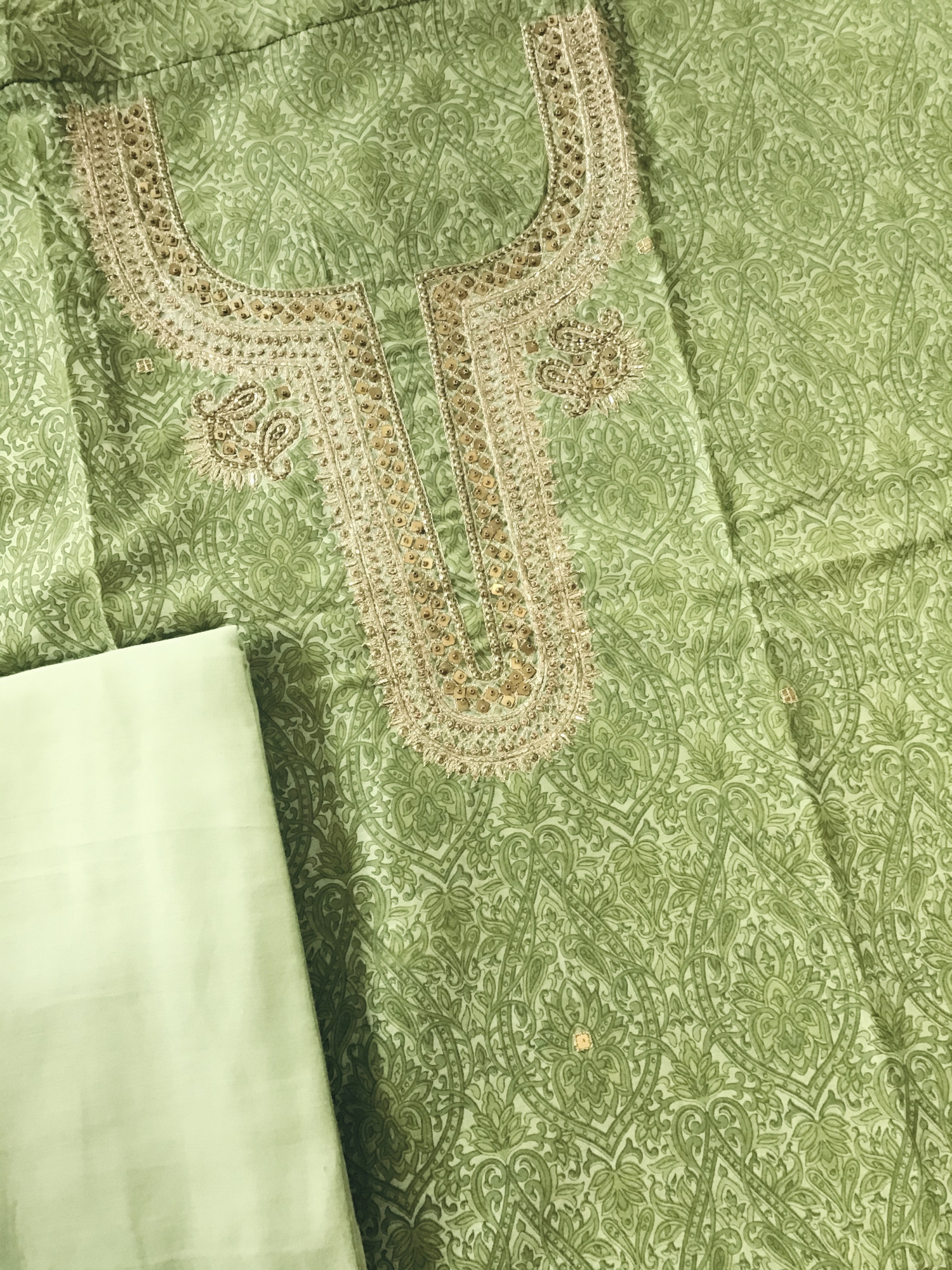 Soft Chanderi Printed Hand Embroidered Suit - Green