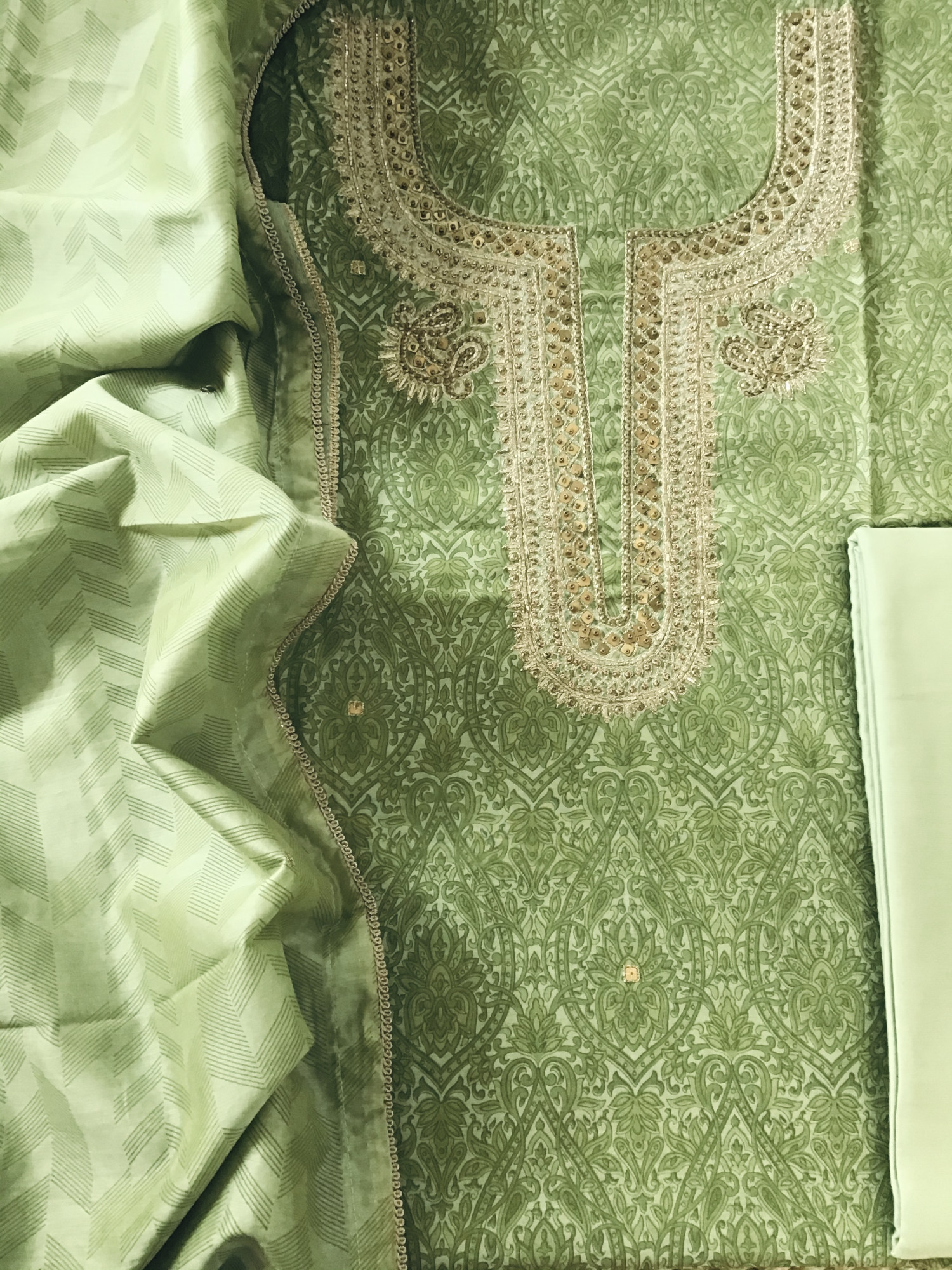 Soft Chanderi Printed Hand Embroidered Suit - Green