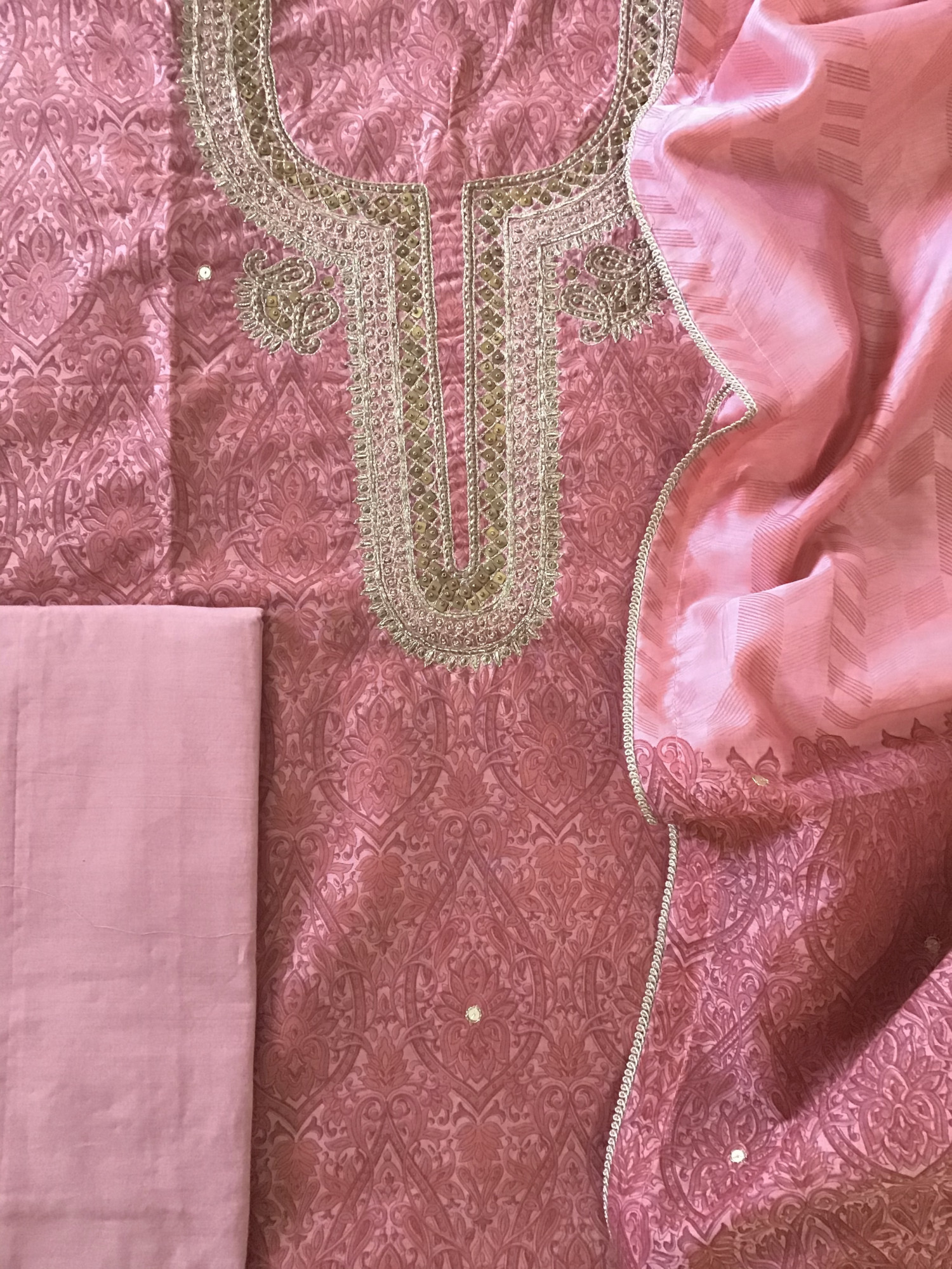 Soft Chanderi Printed Hand Embroidered Suit - Pink