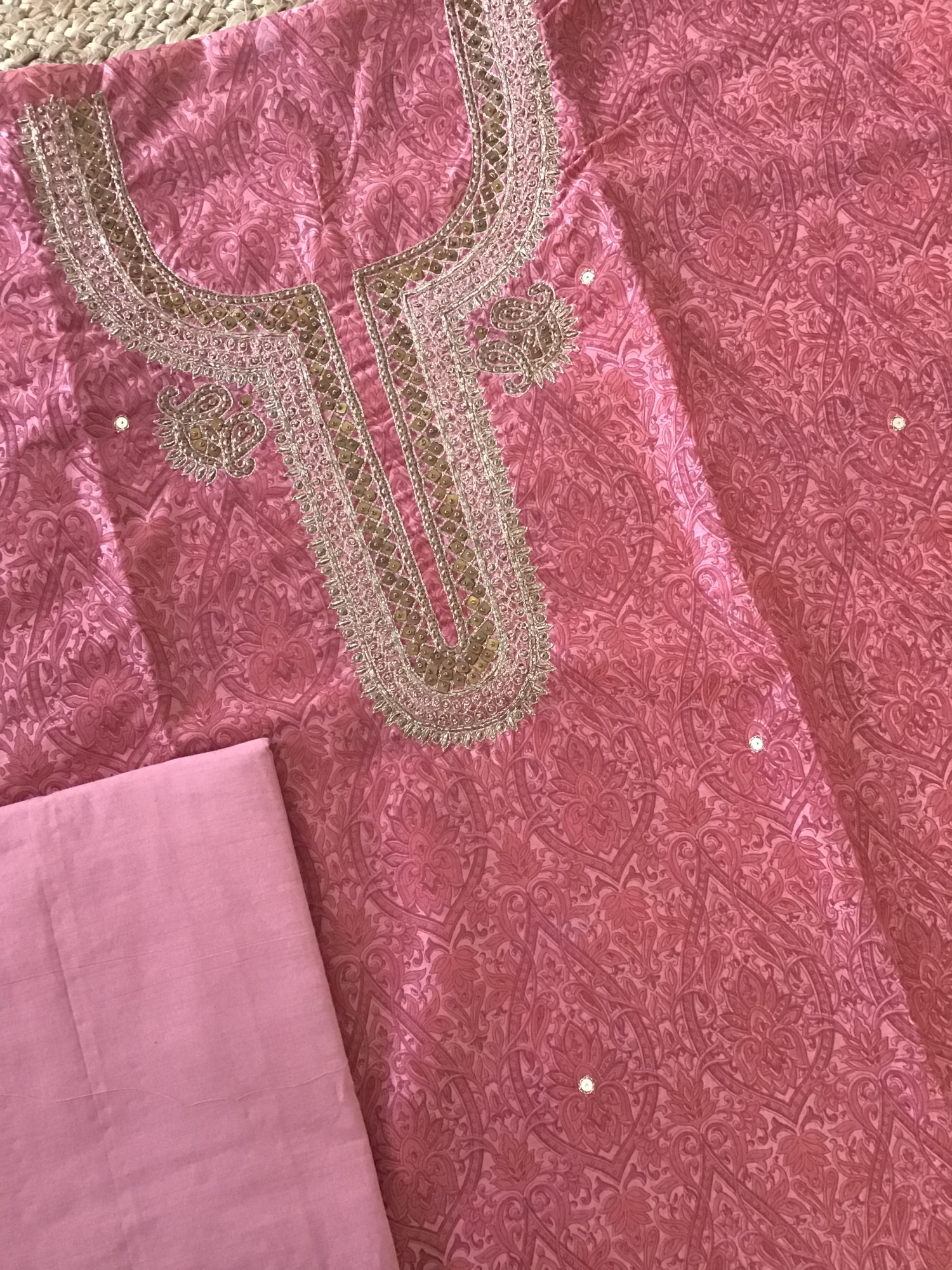 Soft Chanderi Printed Hand Embroidered Suit - Pink