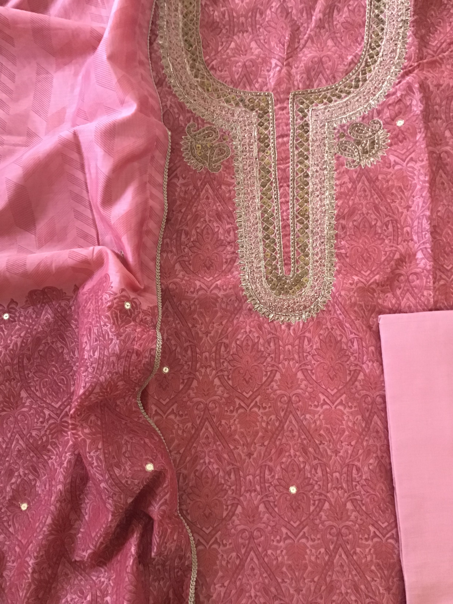 Soft Chanderi Printed Hand Embroidered Suit - Pink