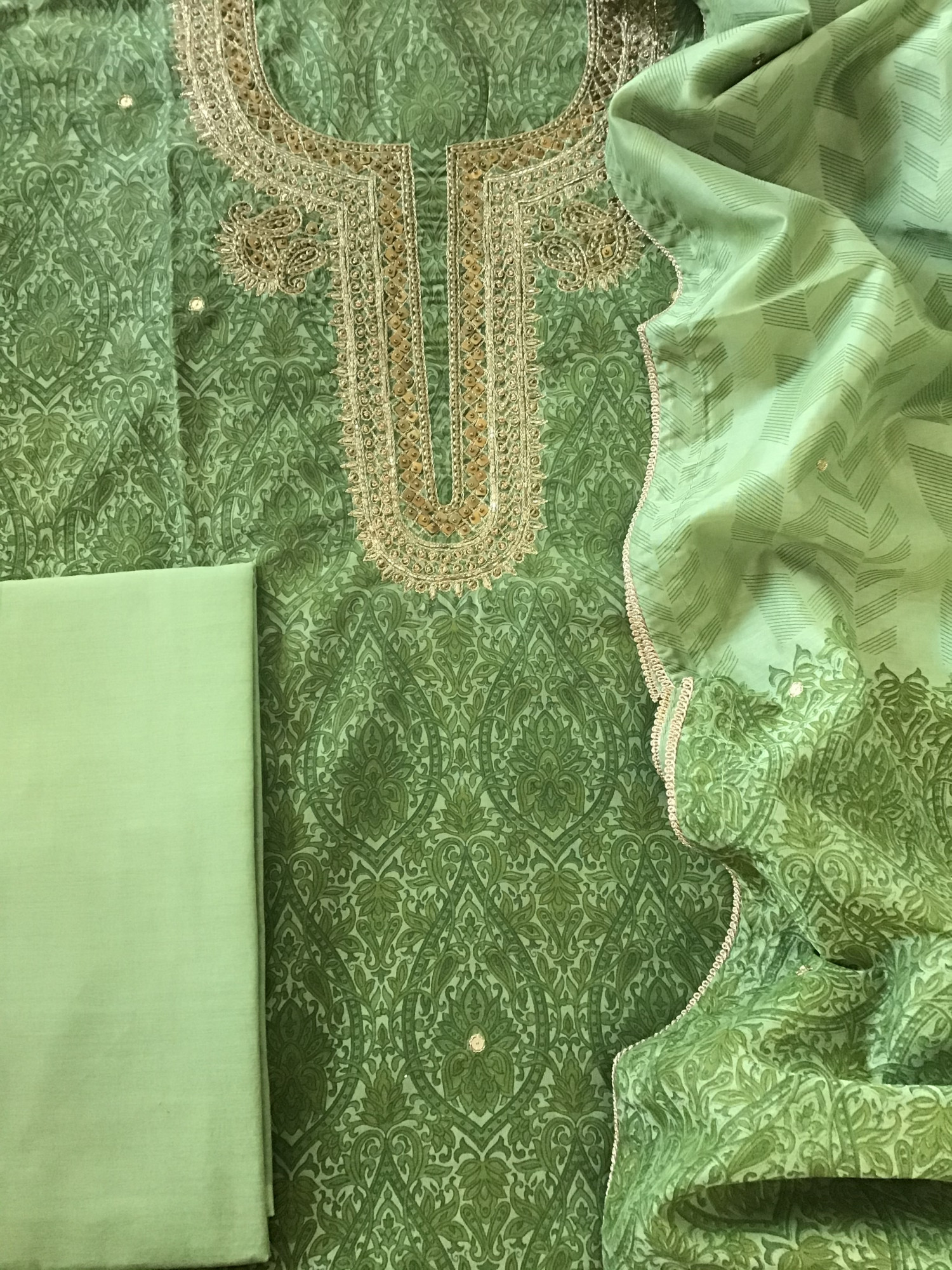 Soft Chanderi Printed Hand Embroidered Suit - Green