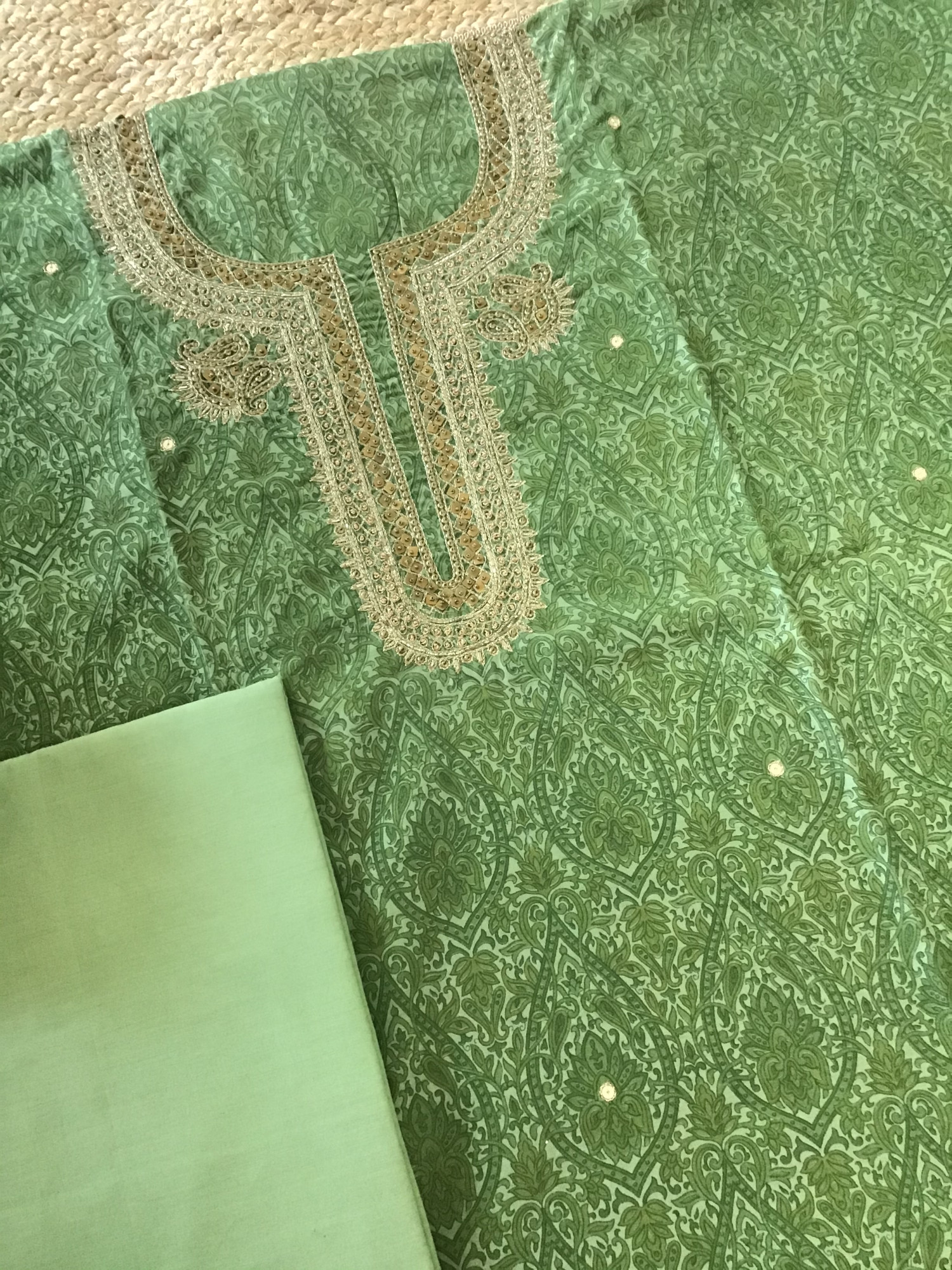 Soft Chanderi Printed Hand Embroidered Suit - Green