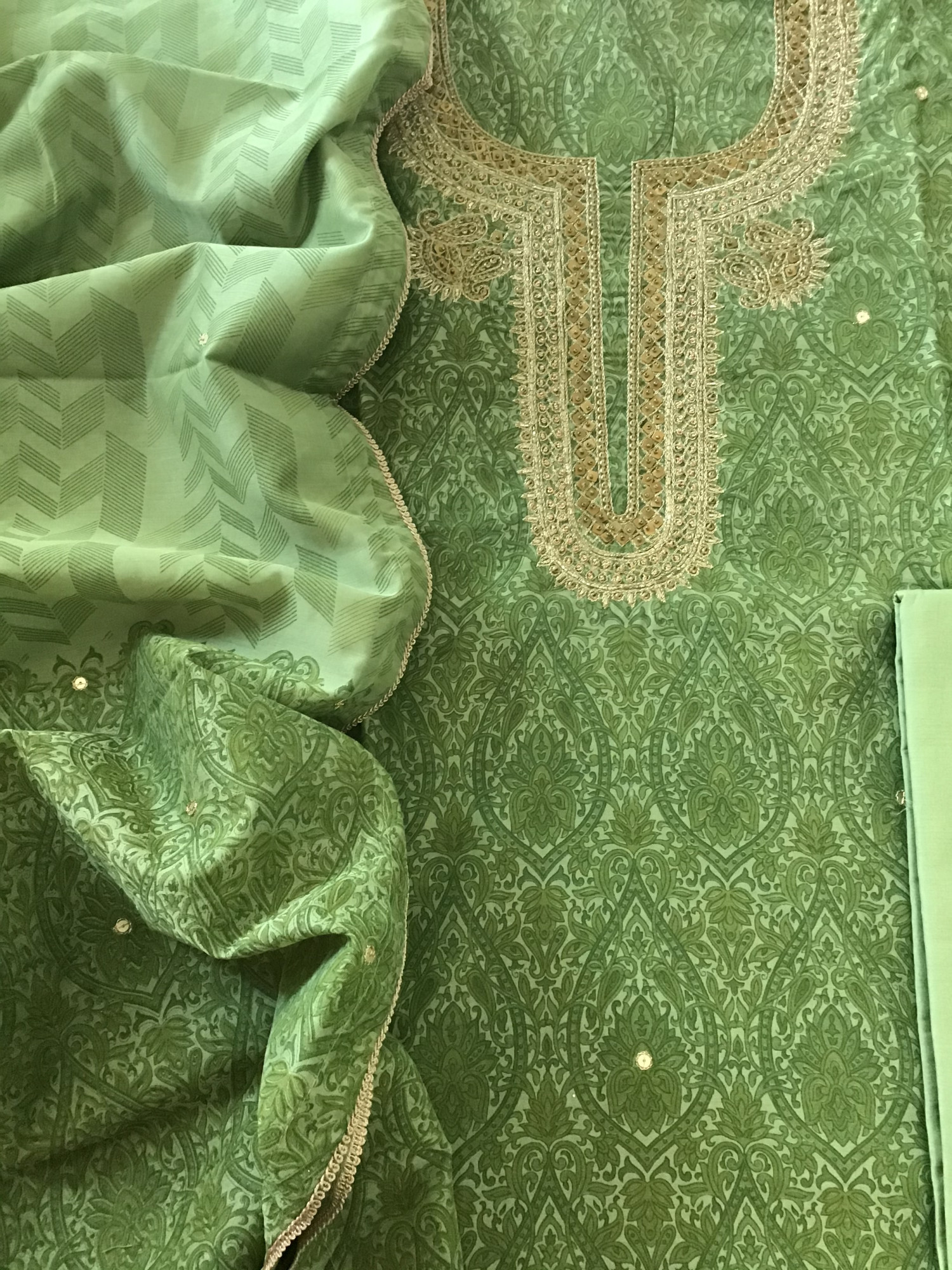 Soft Chanderi Printed Hand Embroidered Suit - Green