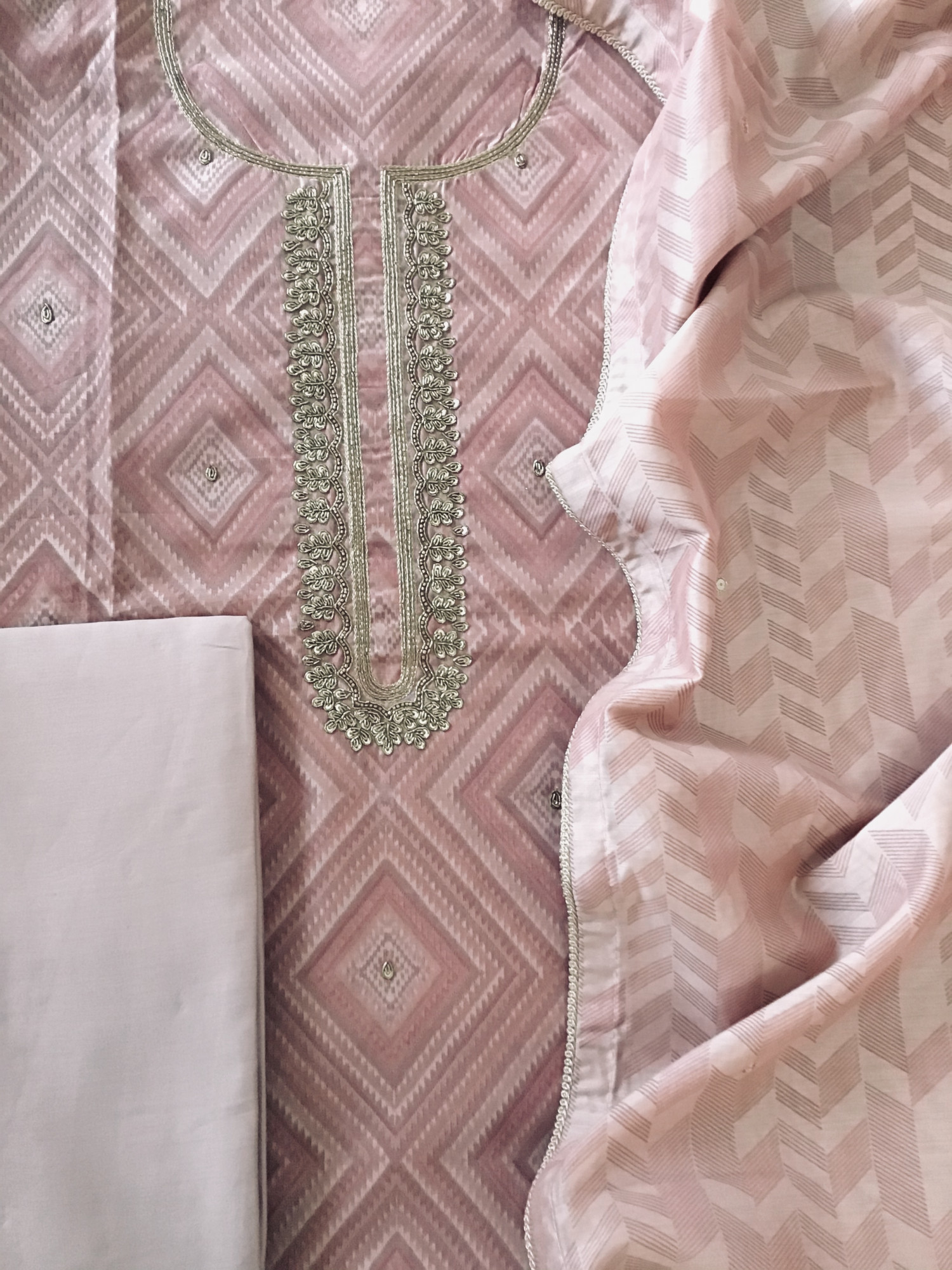 Soft Chanderi Printed Hand Embroidered Suit - Onion Pink