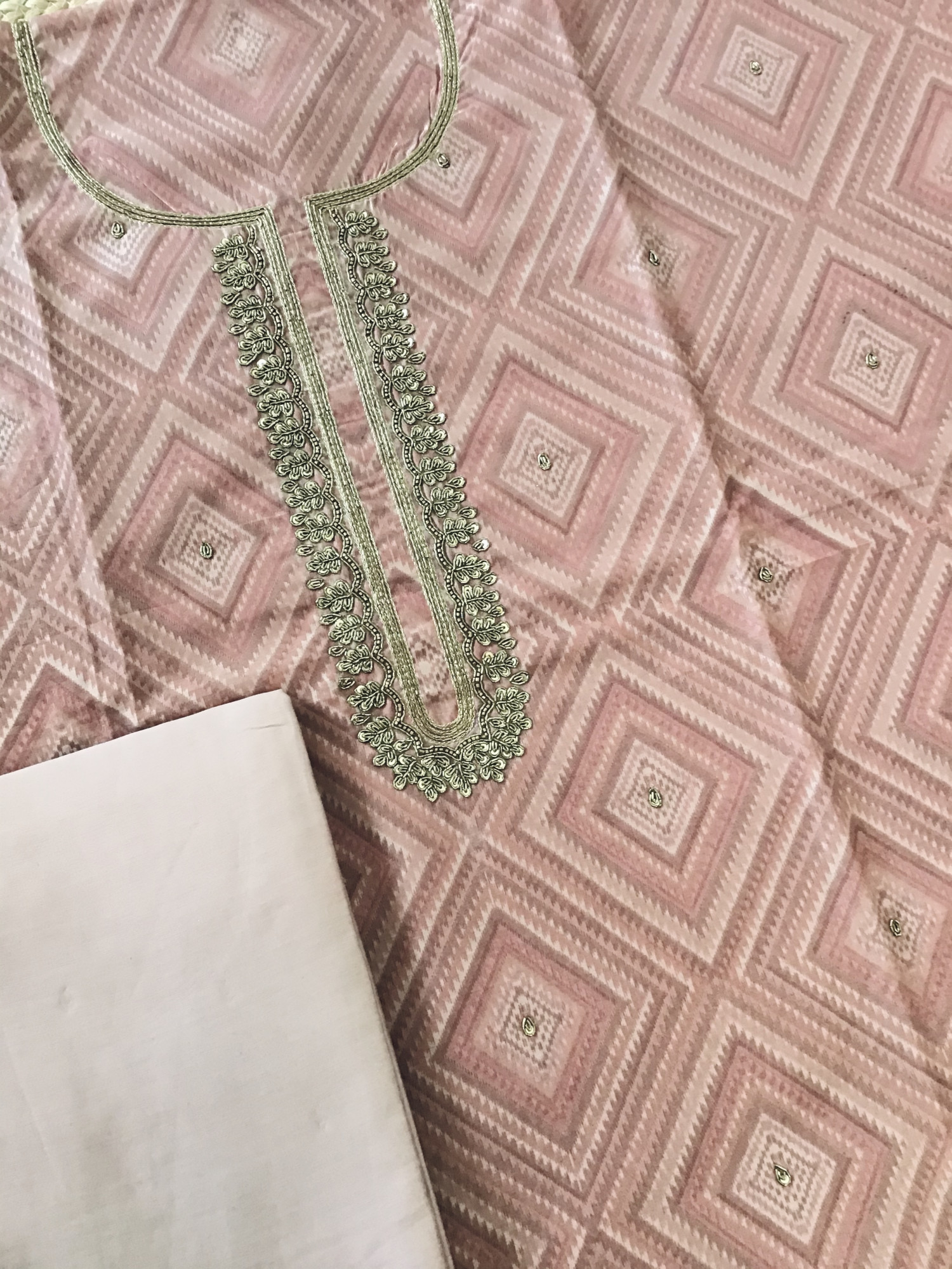 Soft Chanderi Printed Hand Embroidered Suit - Onion Pink