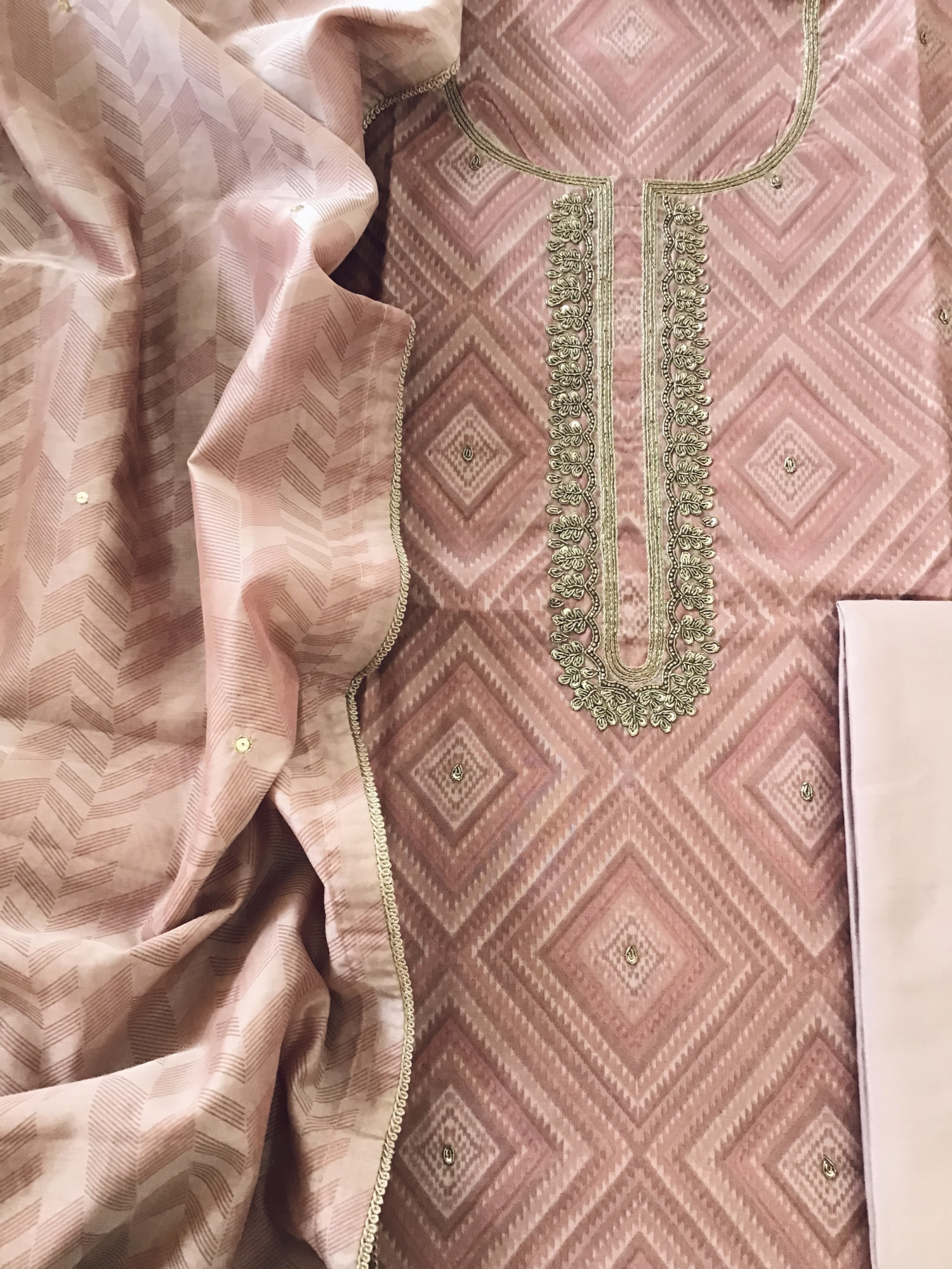 Soft Chanderi Printed Hand Embroidered Suit - Onion Pink