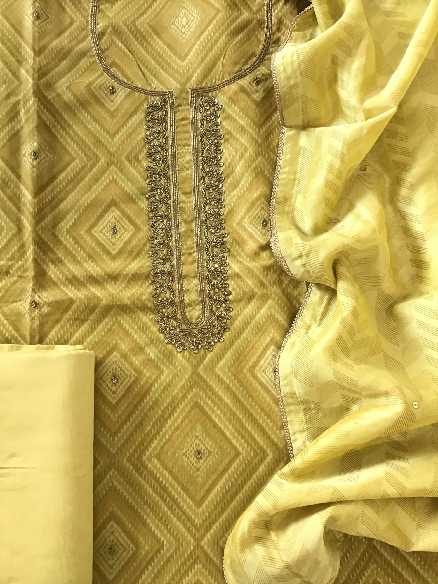 Soft Chanderi Printed Hand Embroidered Suit - Mustard Yellow