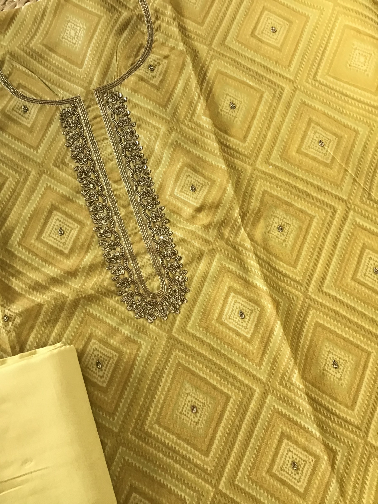 Soft Chanderi Printed Hand Embroidered Suit - Mustard Yellow