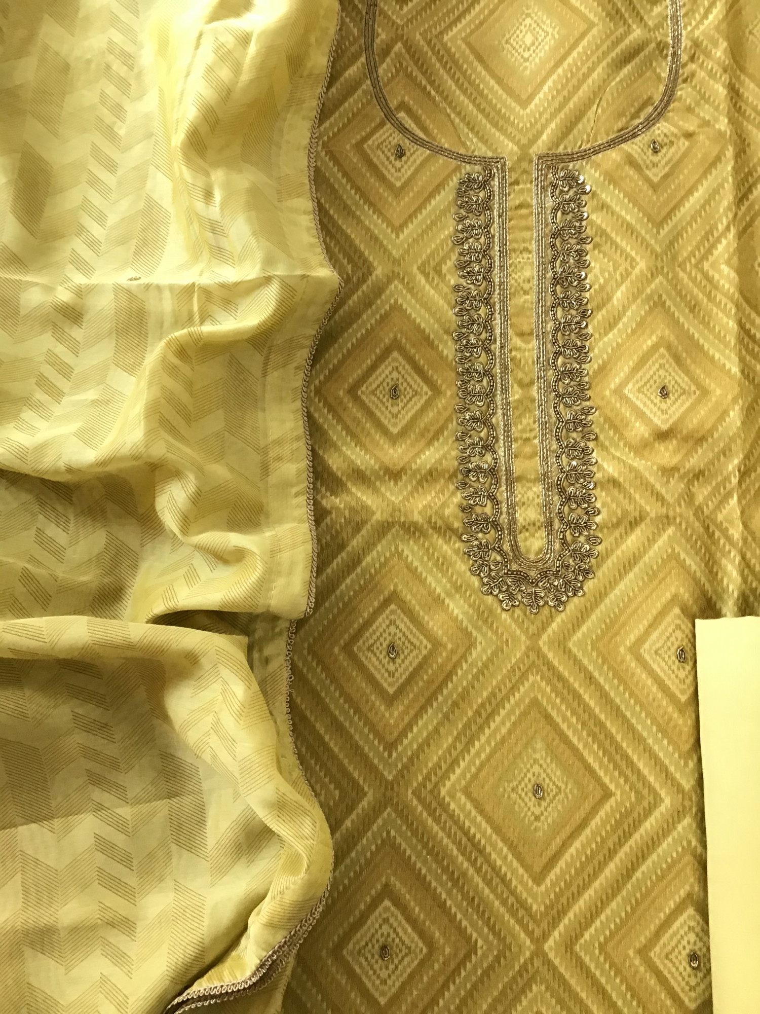 Soft Chanderi Printed Hand Embroidered Suit - Mustard Yellow