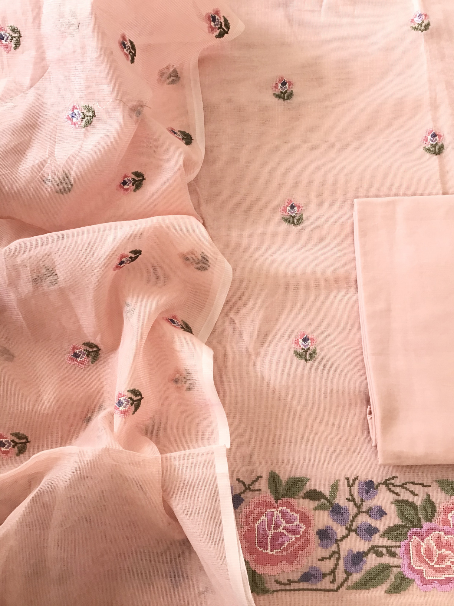 Soft Supernet Embroidered Suit - Peach