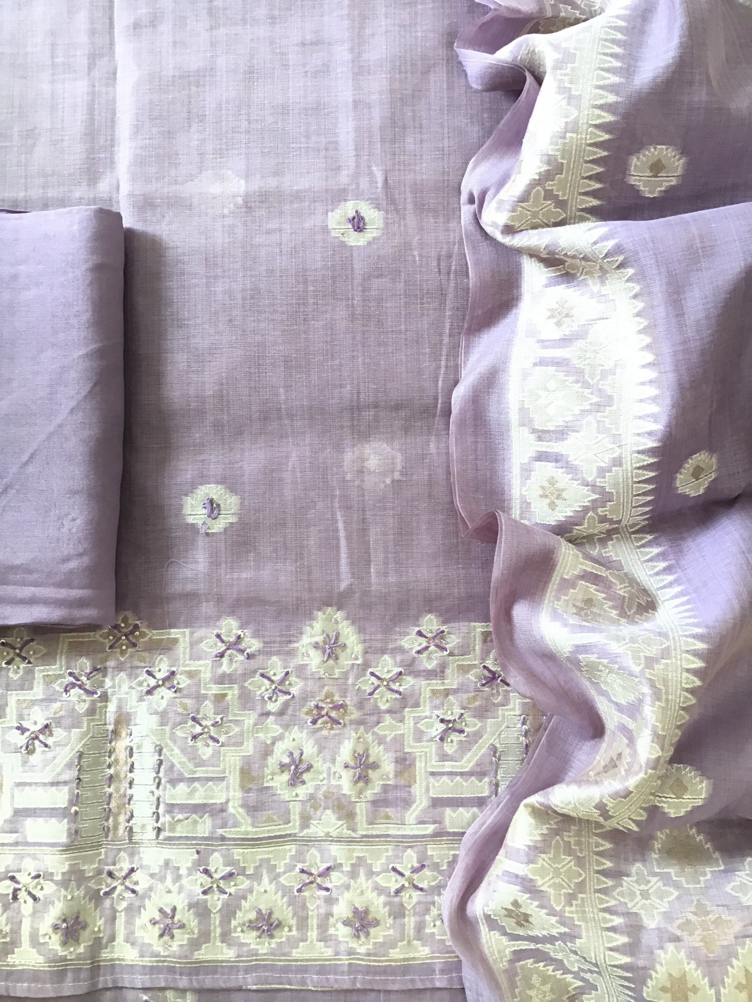 Soft Slub Chanderi Jamdani Weaved Embroidered Suit - Purple